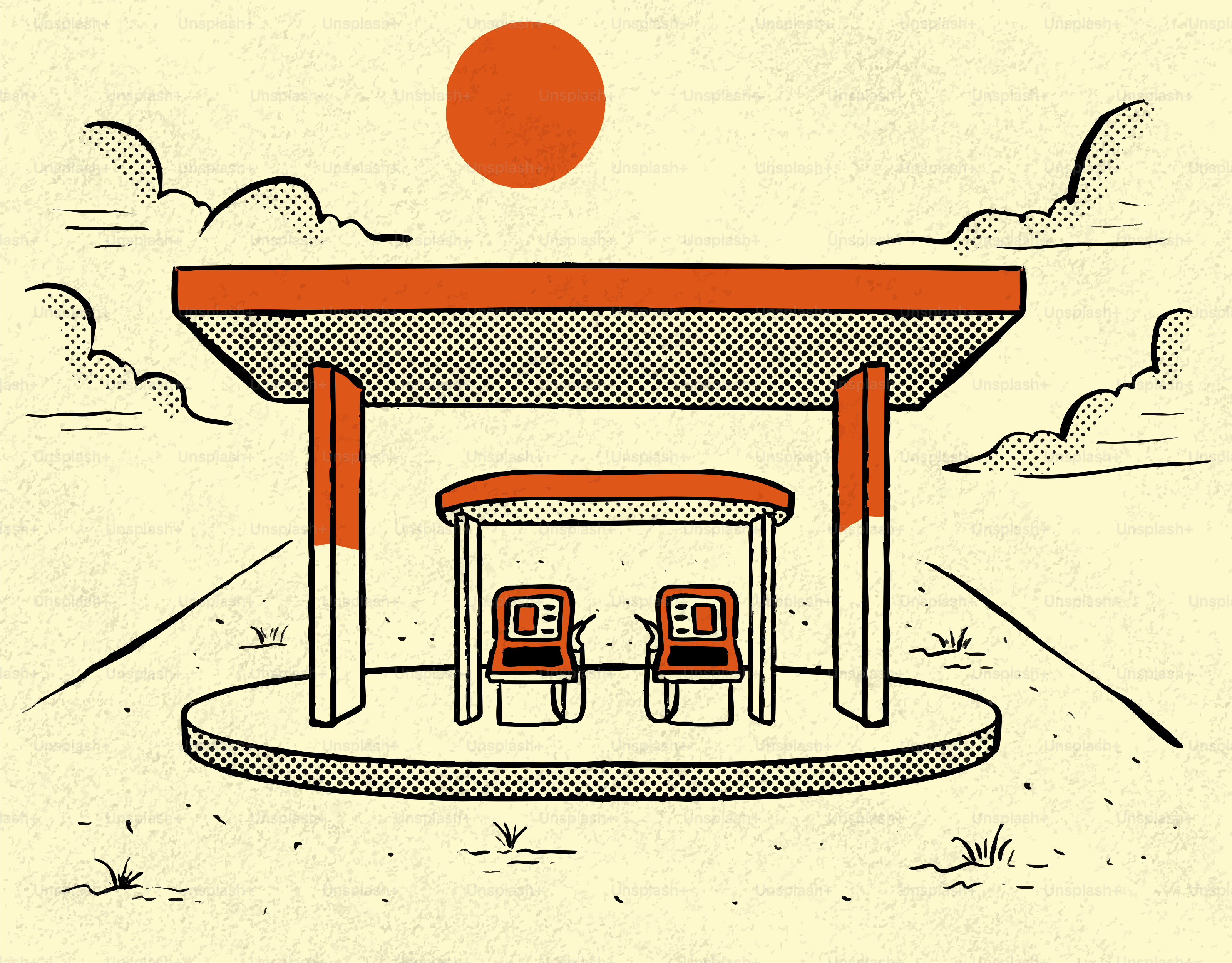 Bus stop with two chairs under orange sun.