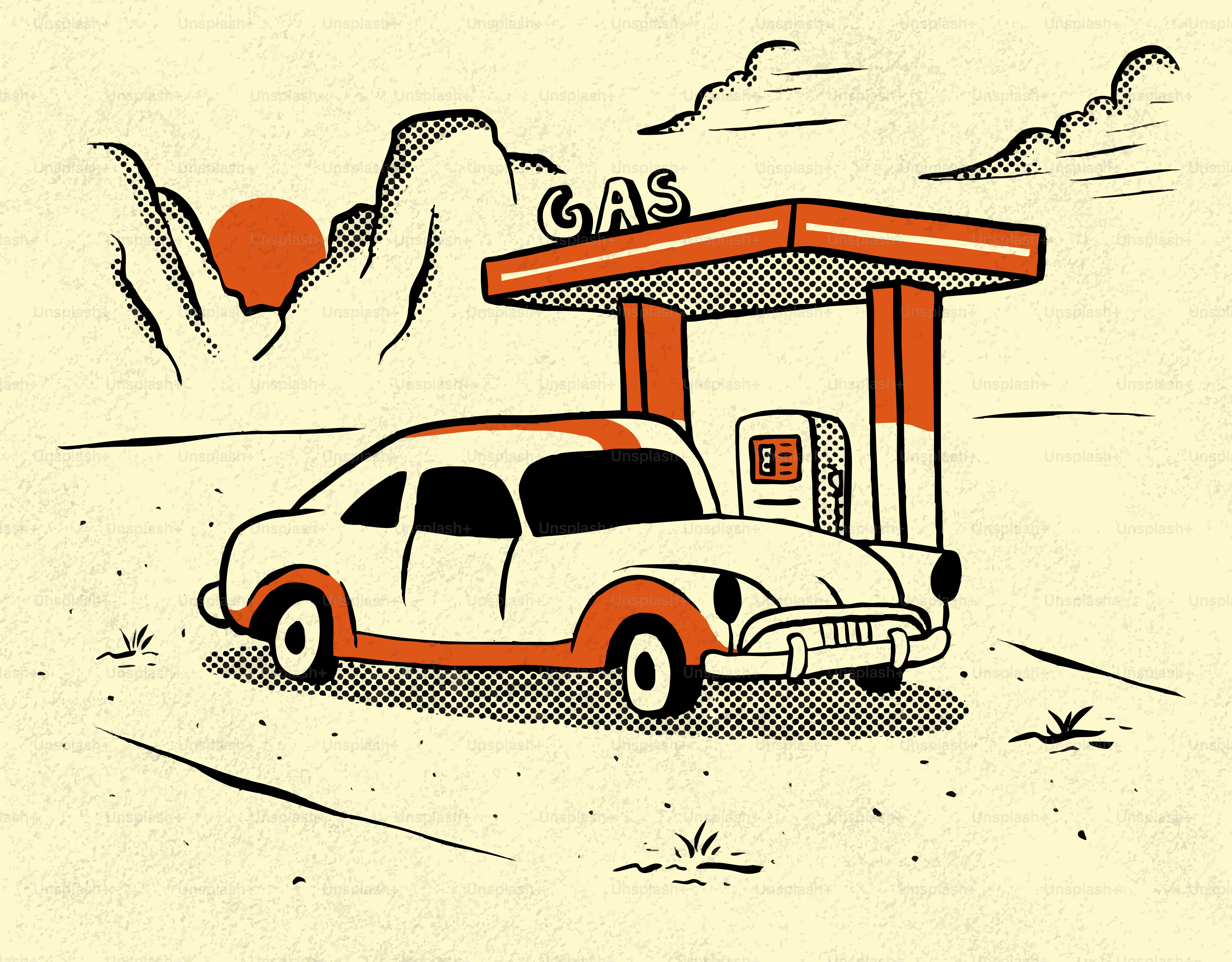 Car at a vintage gas station at sunset