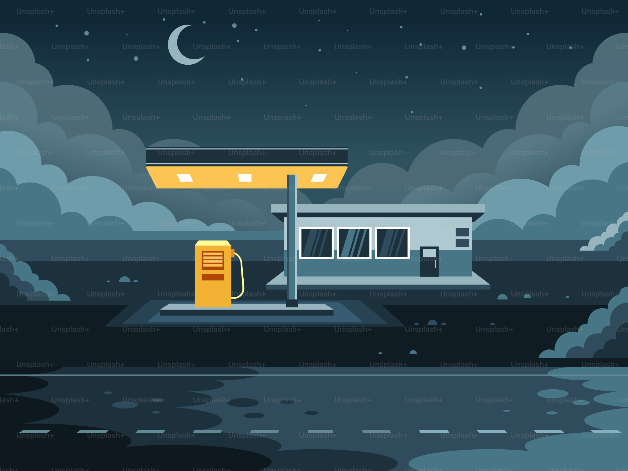 Stazione di servizio di notte con luna e stelle