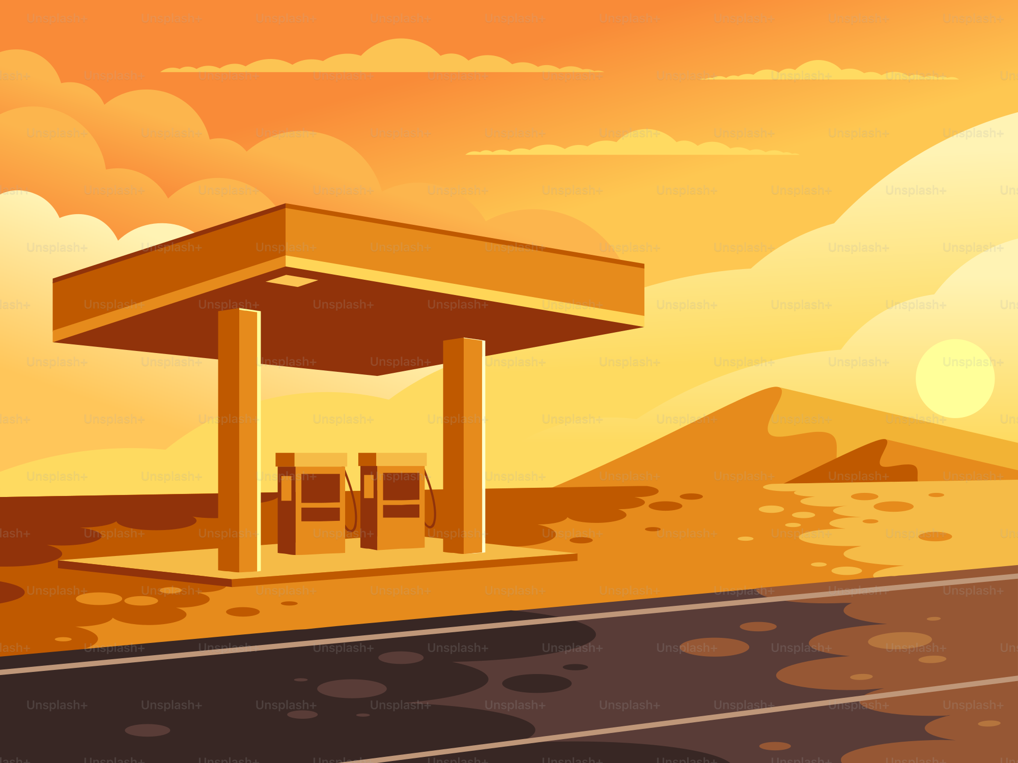 Desert gas station at sunset with mountains