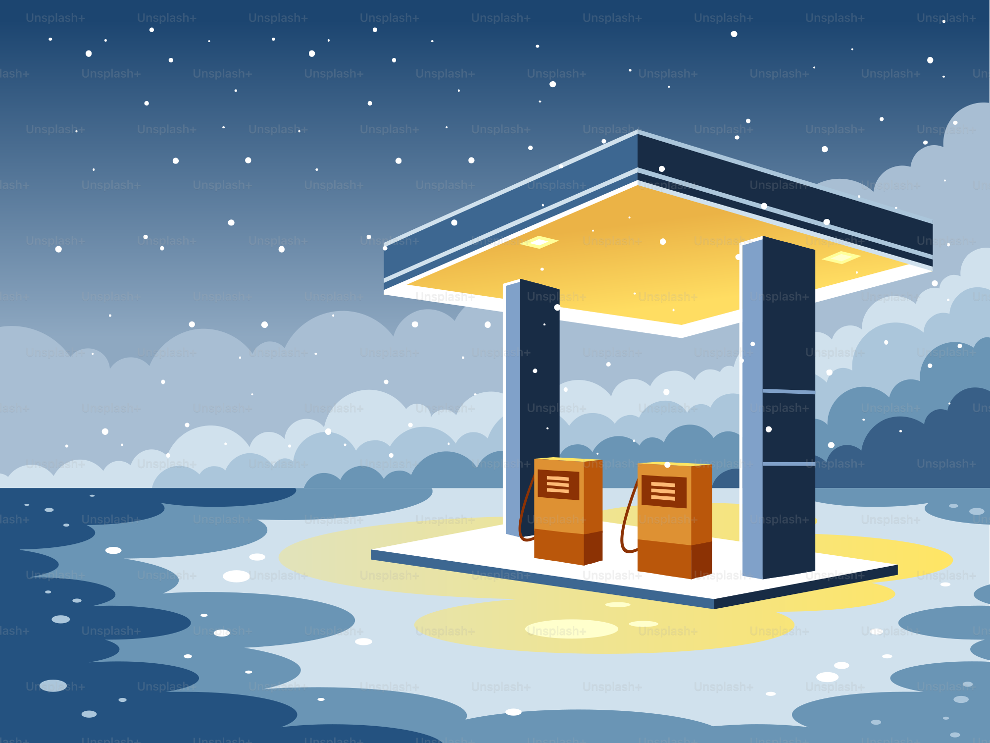 Gas station in a snowy winter landscape