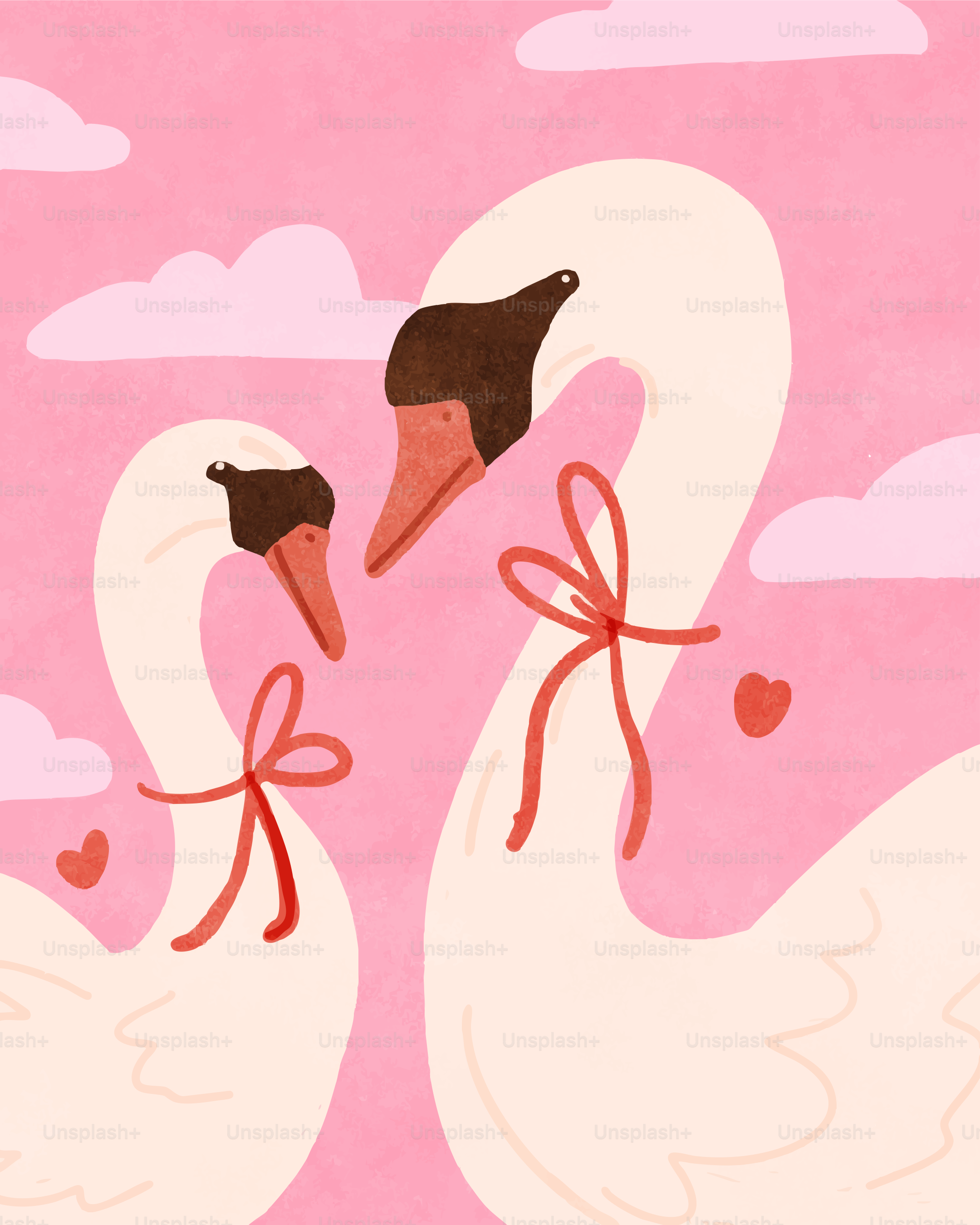 ピンク背景に赤いリボンの二羽の白鳥
