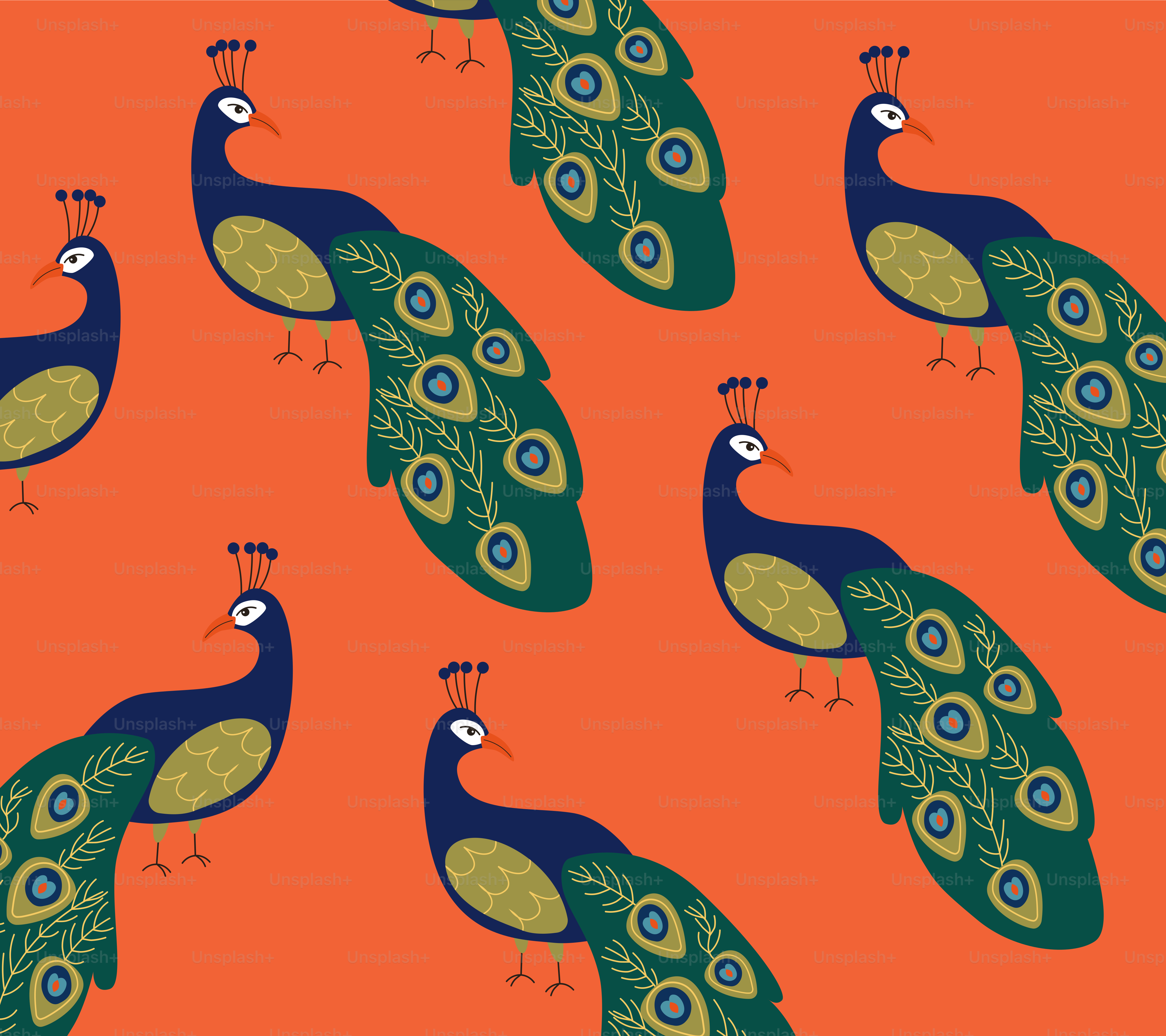 Several stylized peacocks on an orange background