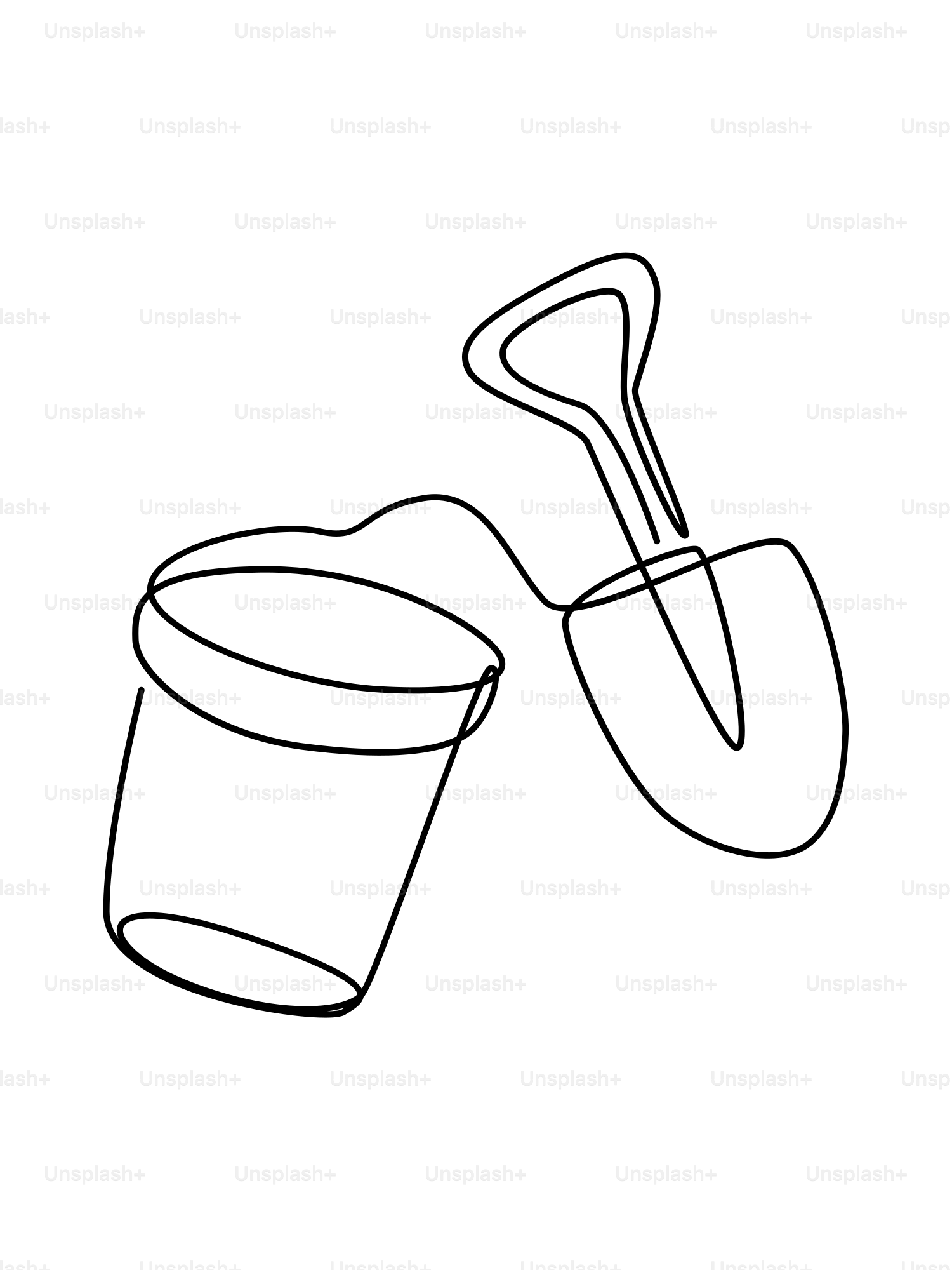 A bucket and spade on a white background