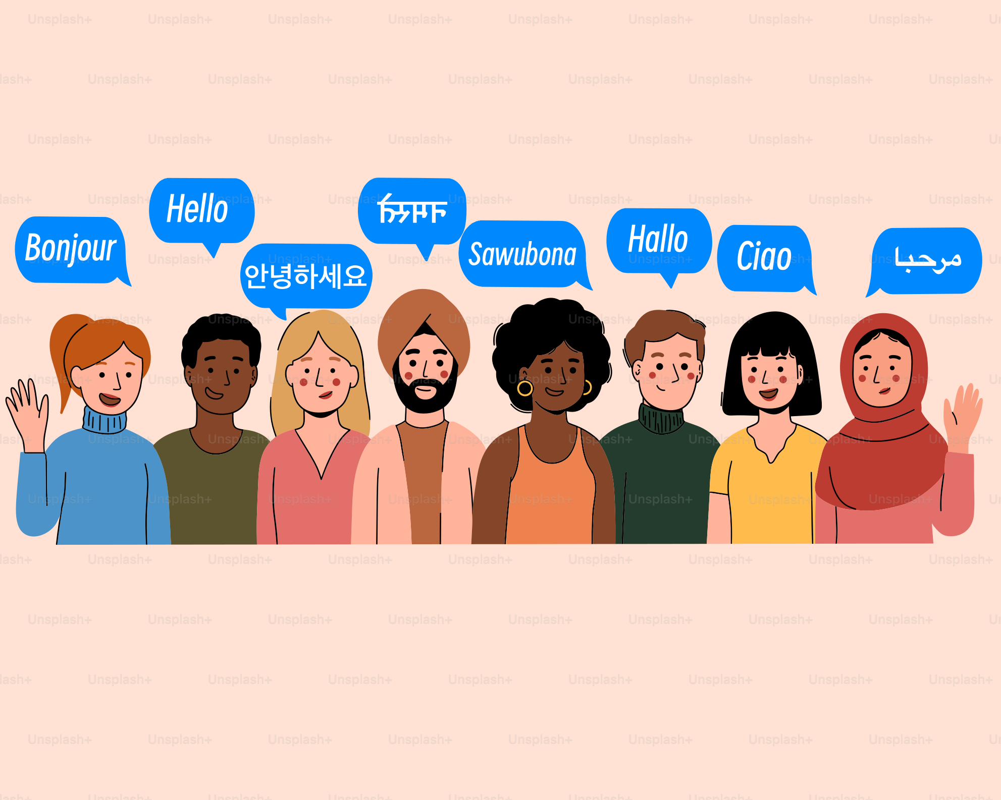 多様な人々が様々な言語で挨拶を交わしています。