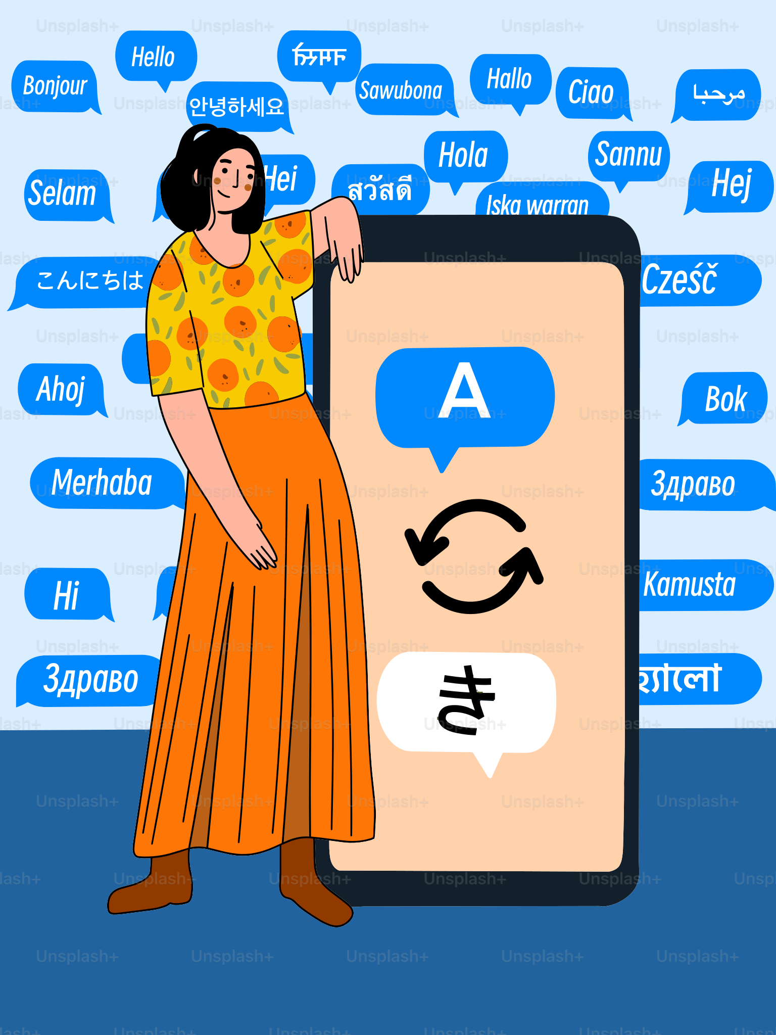 Woman uses phone for language translation app.