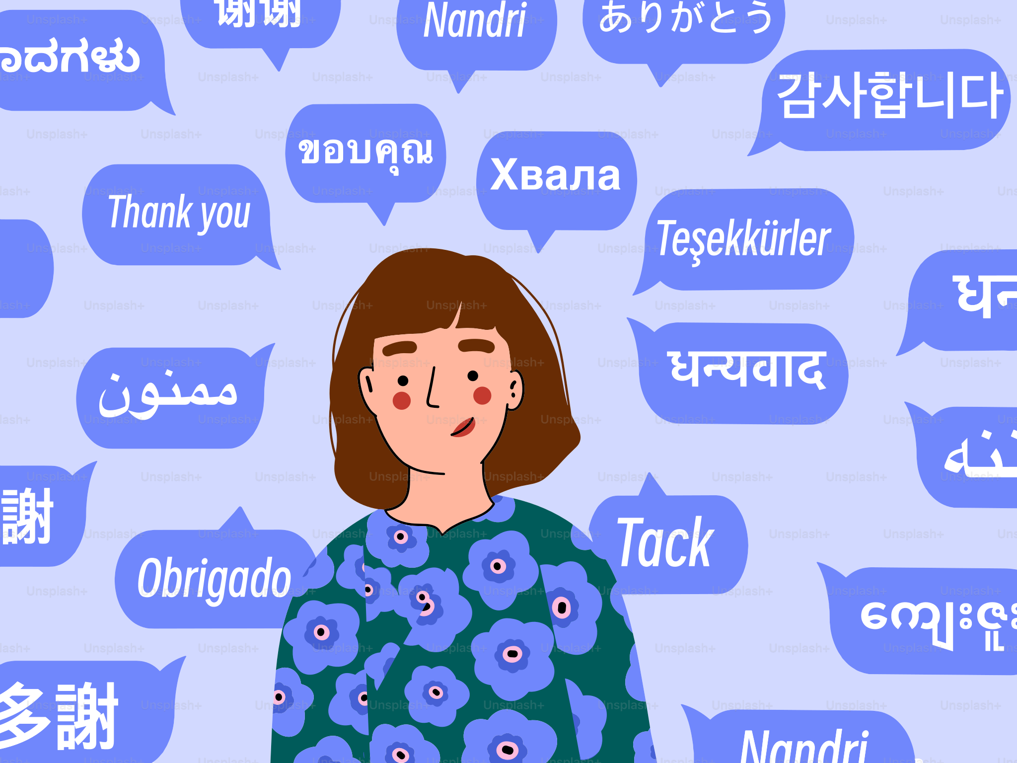 Mulher cercada por mensagens de agradecimento em vários idiomas.
