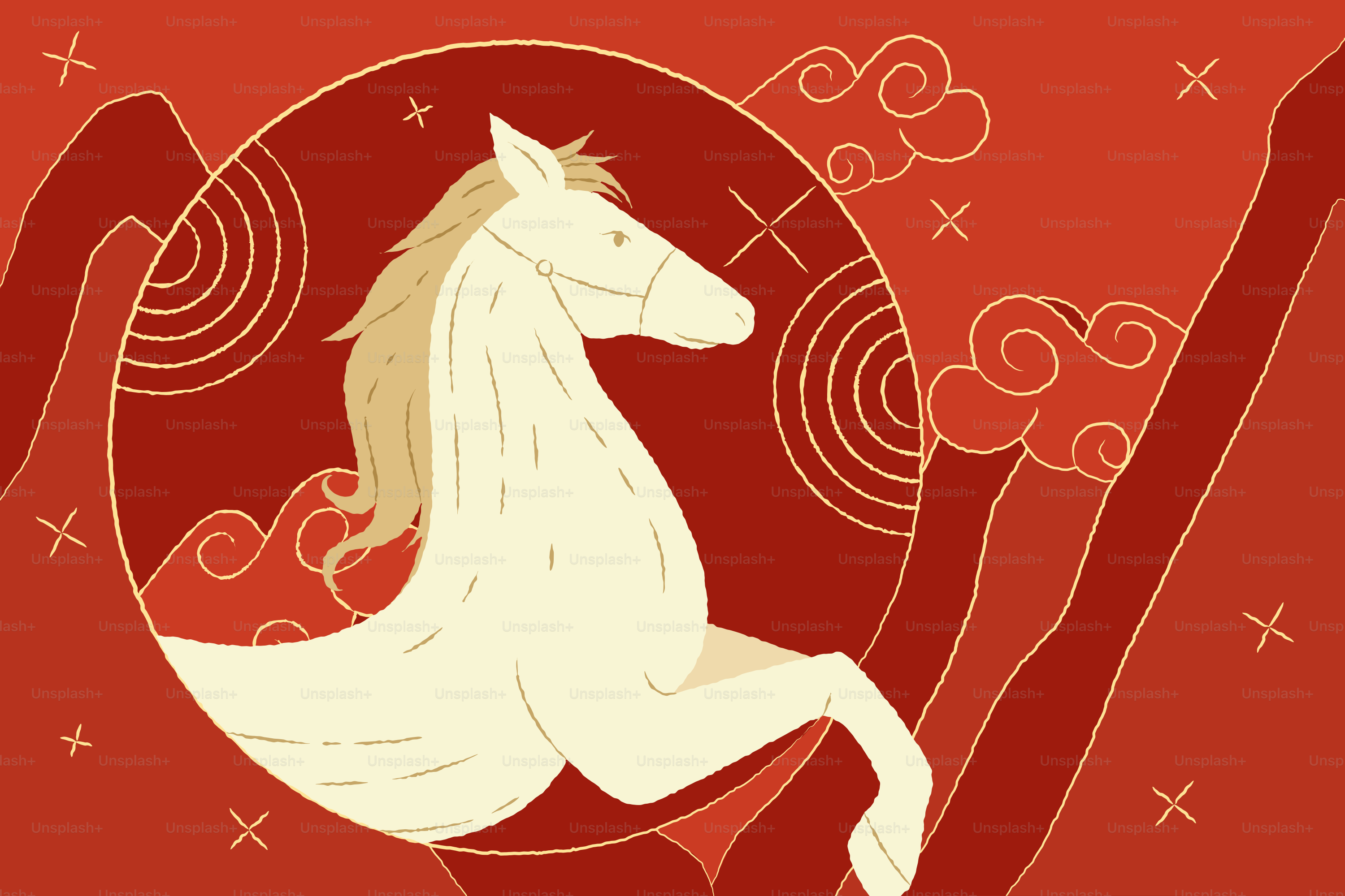 Stylized white horse against a red background