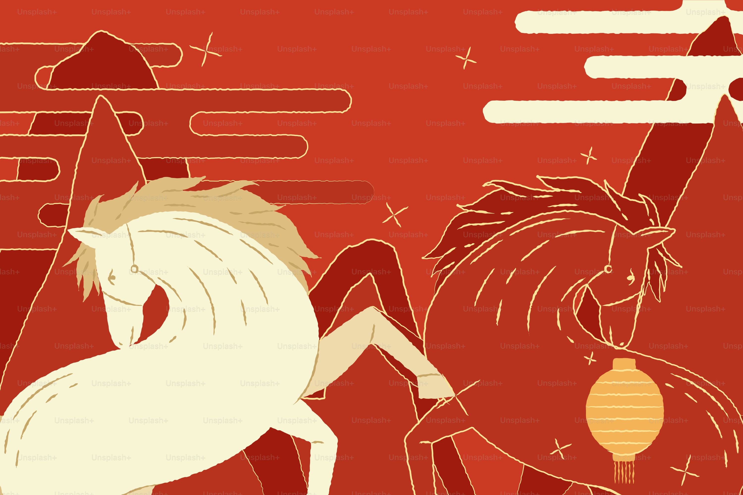 Two stylized horses on red background with mountains.
