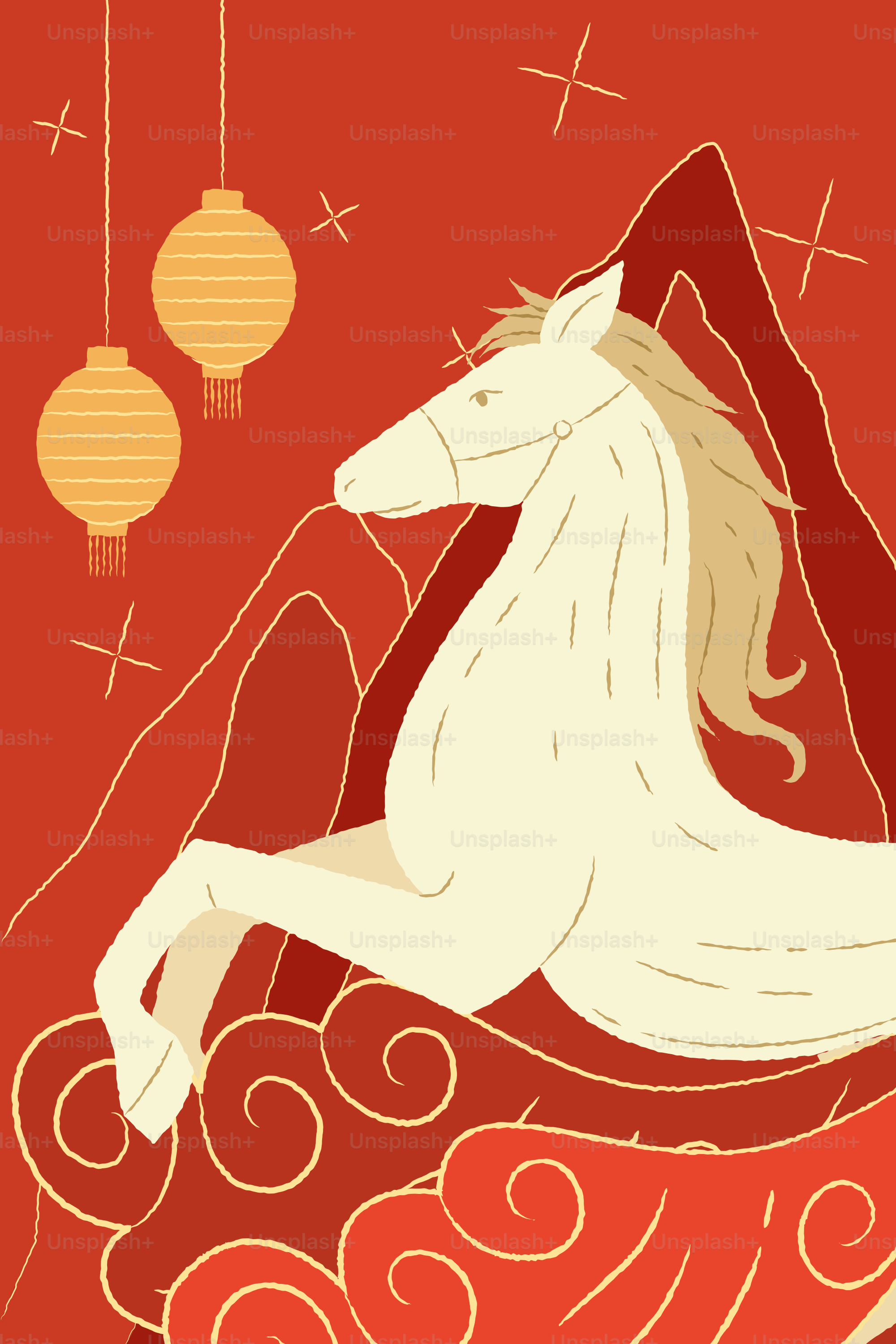 White horse with mountains and lanterns on red background