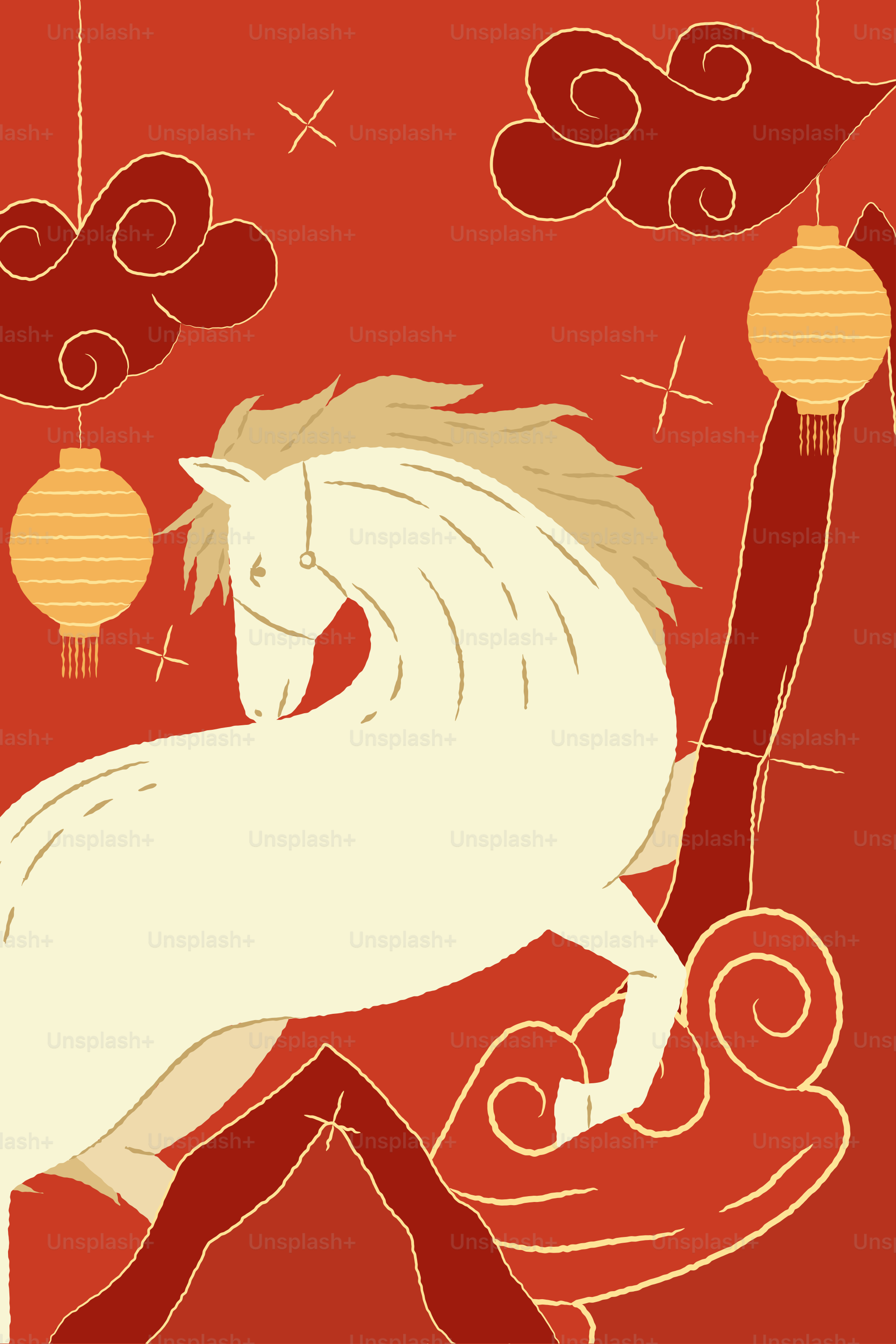 White horse with lanterns and clouds on red background