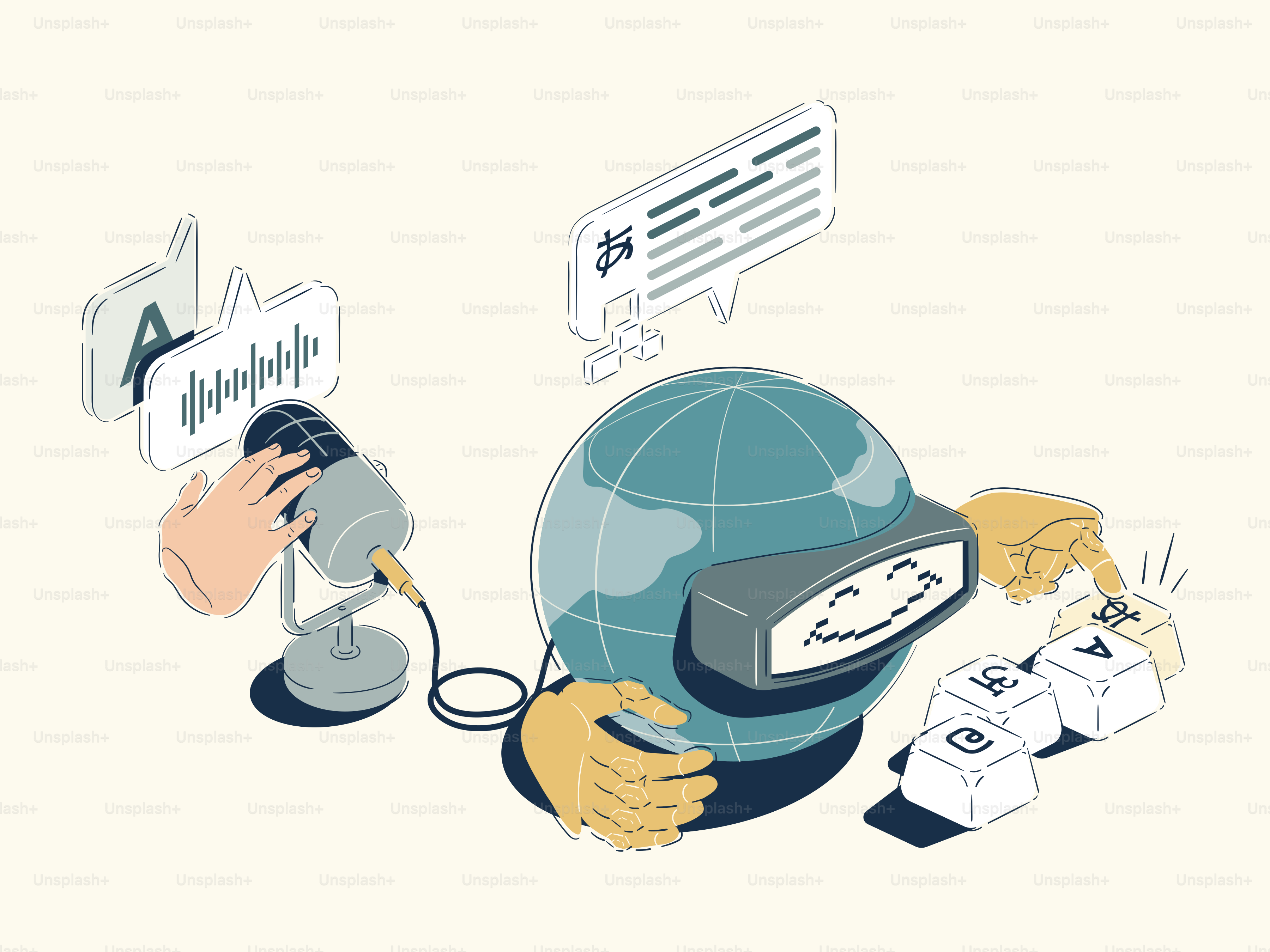 Globe with vr headset, microphone, and keyboard.