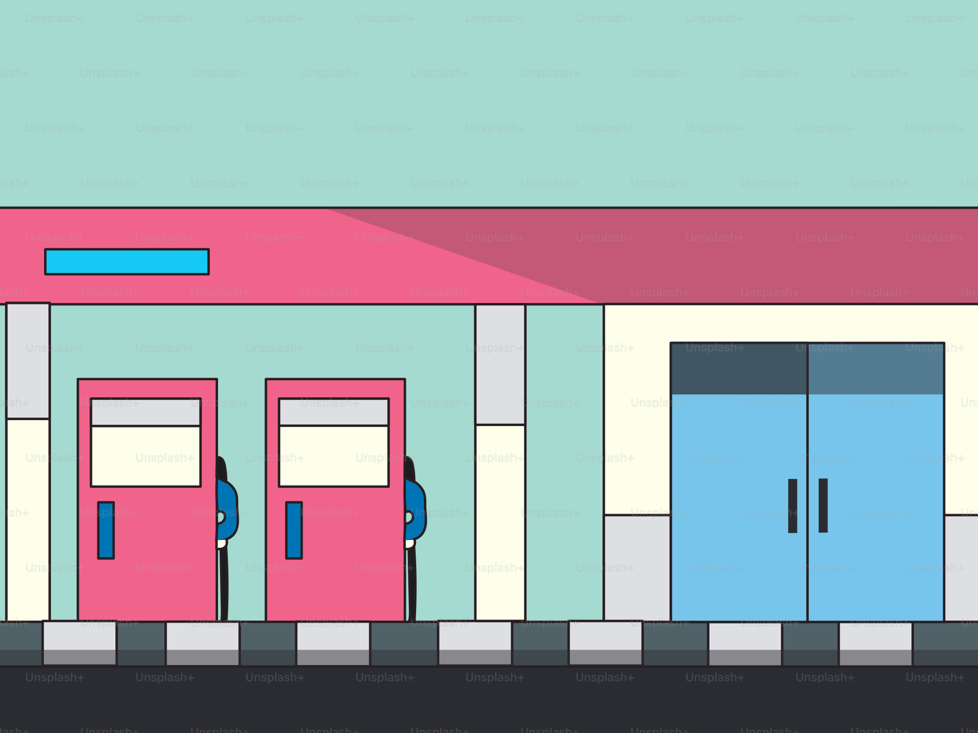 Zwei Cartoonfiguren lugen hinter roten Türen hervor.