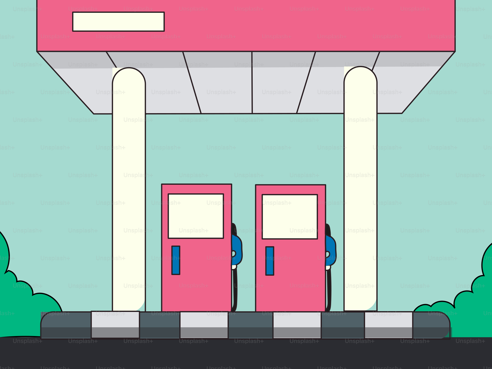 Two pink gas pumps under a canopy.