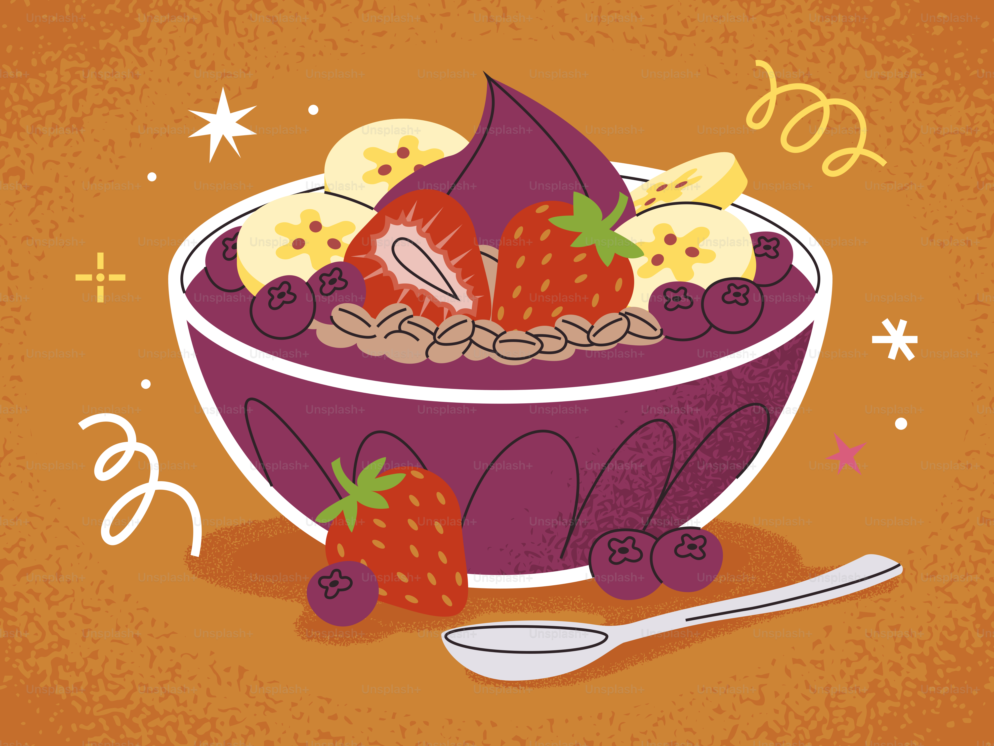 Un bol de açaí con fresas, arándanos y plátanos.