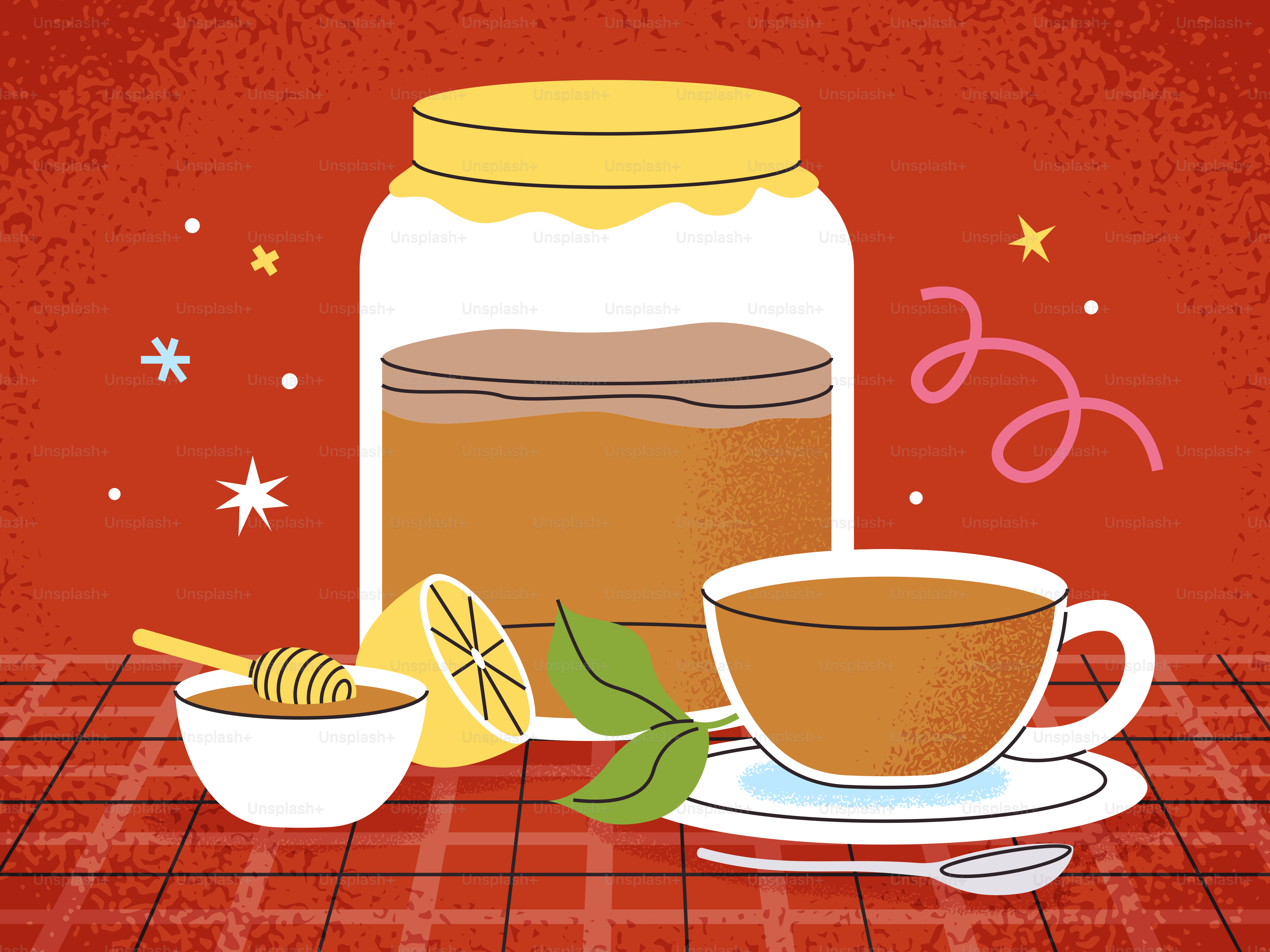 Tea, lemon, honey, and jar on a checkered tablecloth