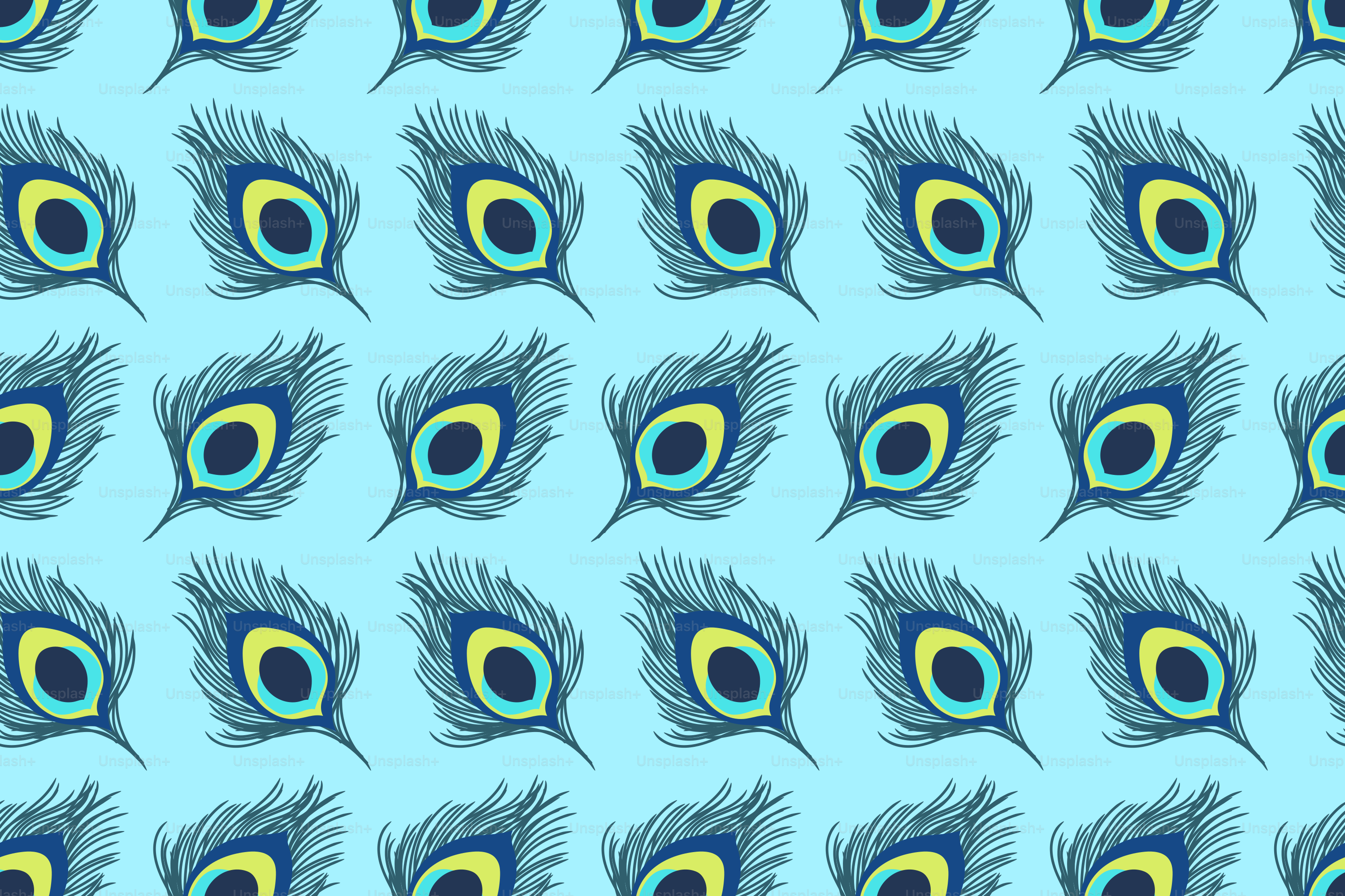 A repeating pattern of peacock feathers on a blue background
