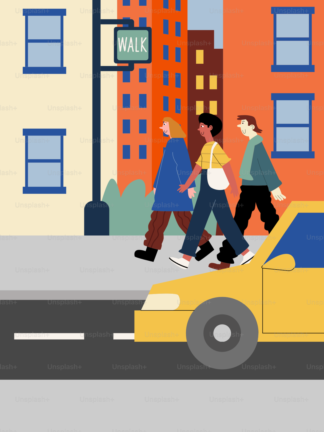 People crossing street in front of yellow car.