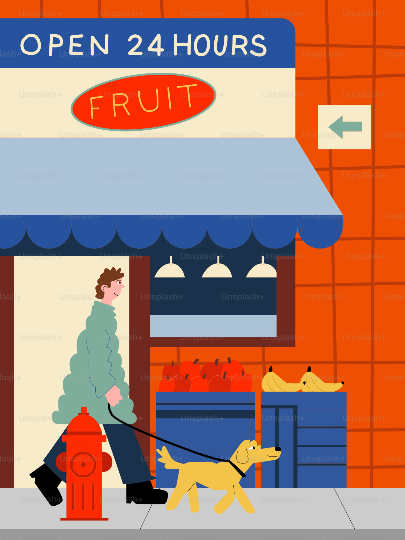 Un hombre pasea al perro junto a un puesto de fruta con plátanos y plátanos