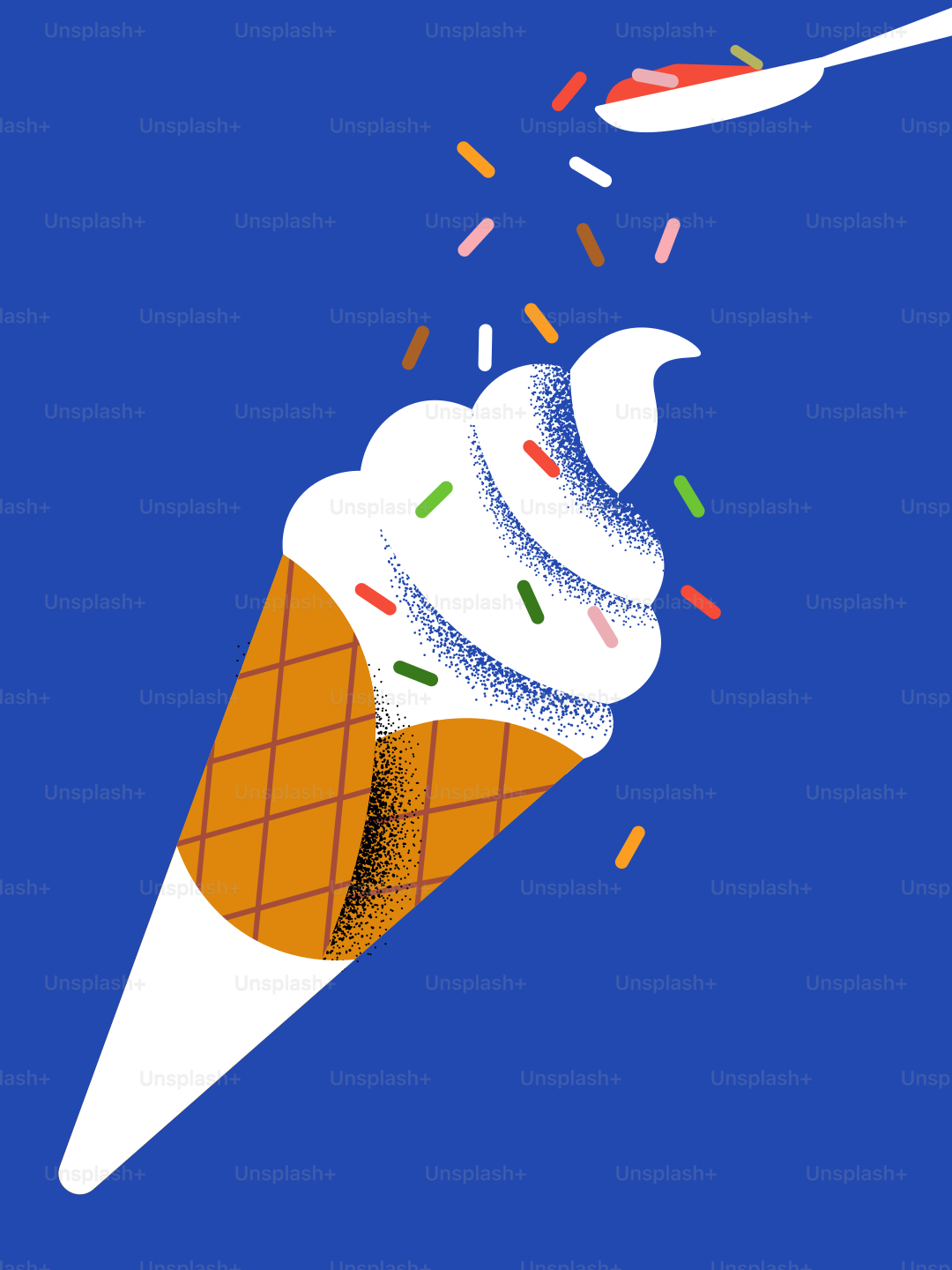 Cornet de glace à frillère souple avec des vermicelles colorées qui tombent.