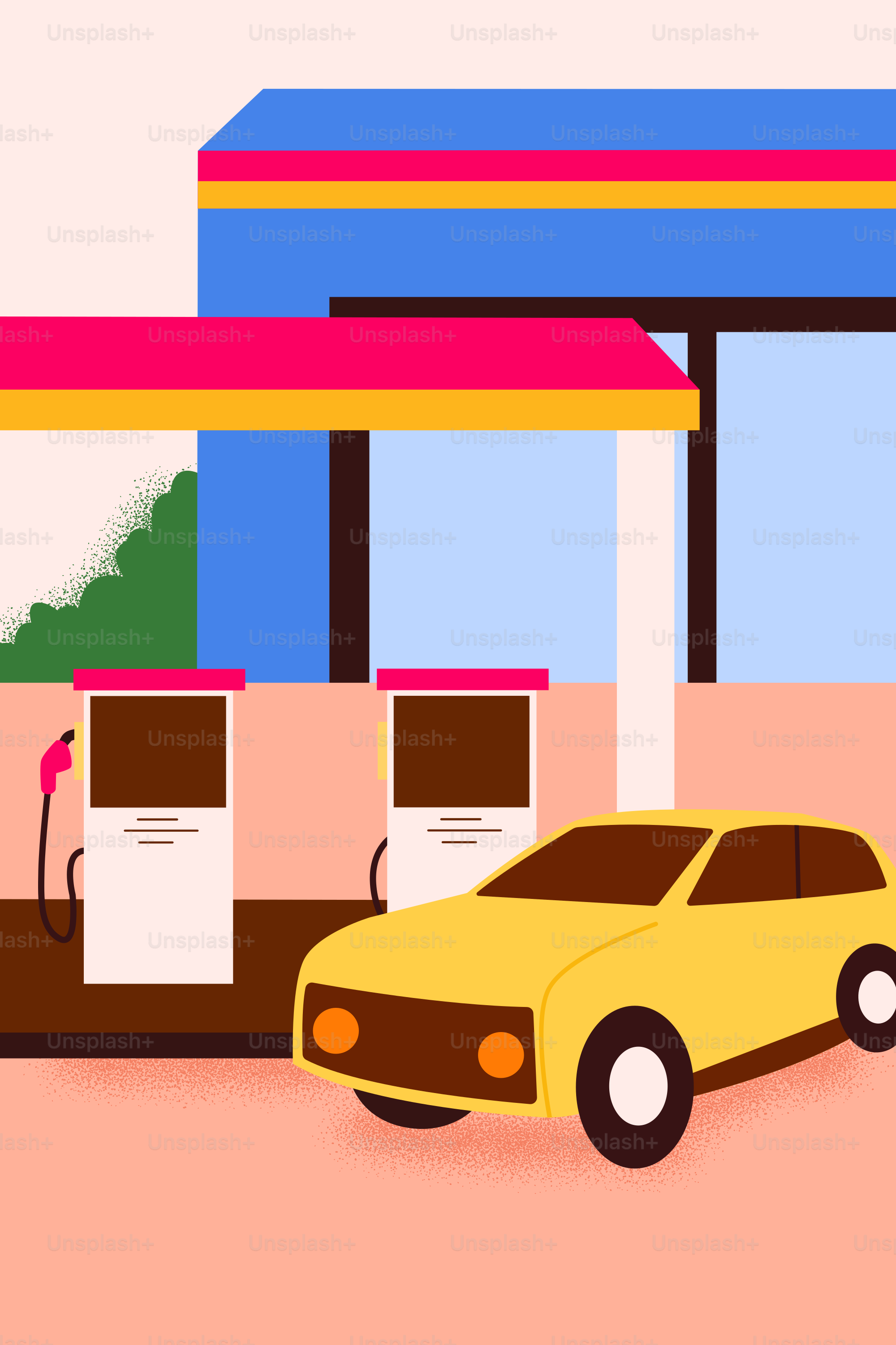 Yellow car at a colorful gas station