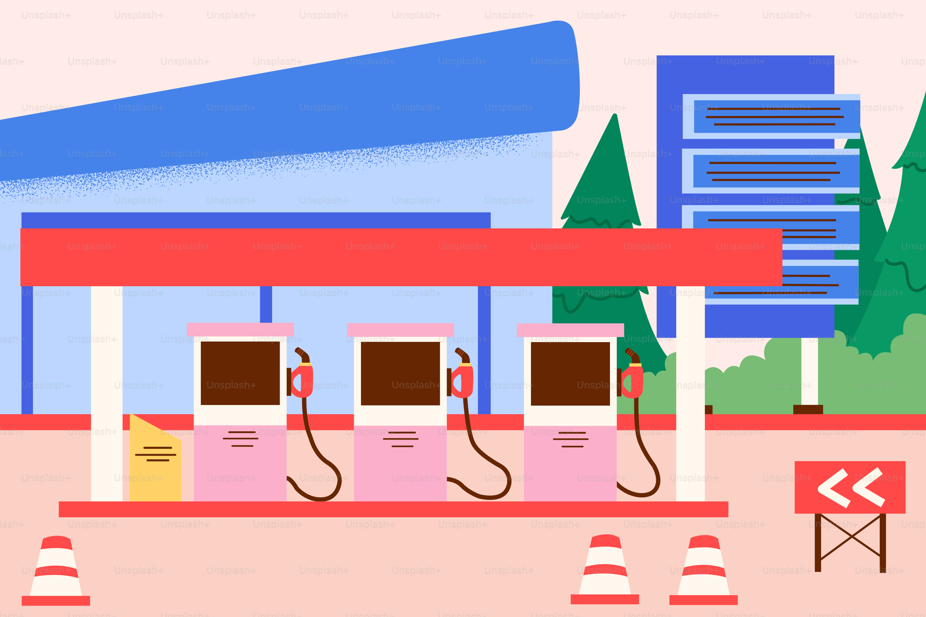 Gas station with pumps and trees in the background trees