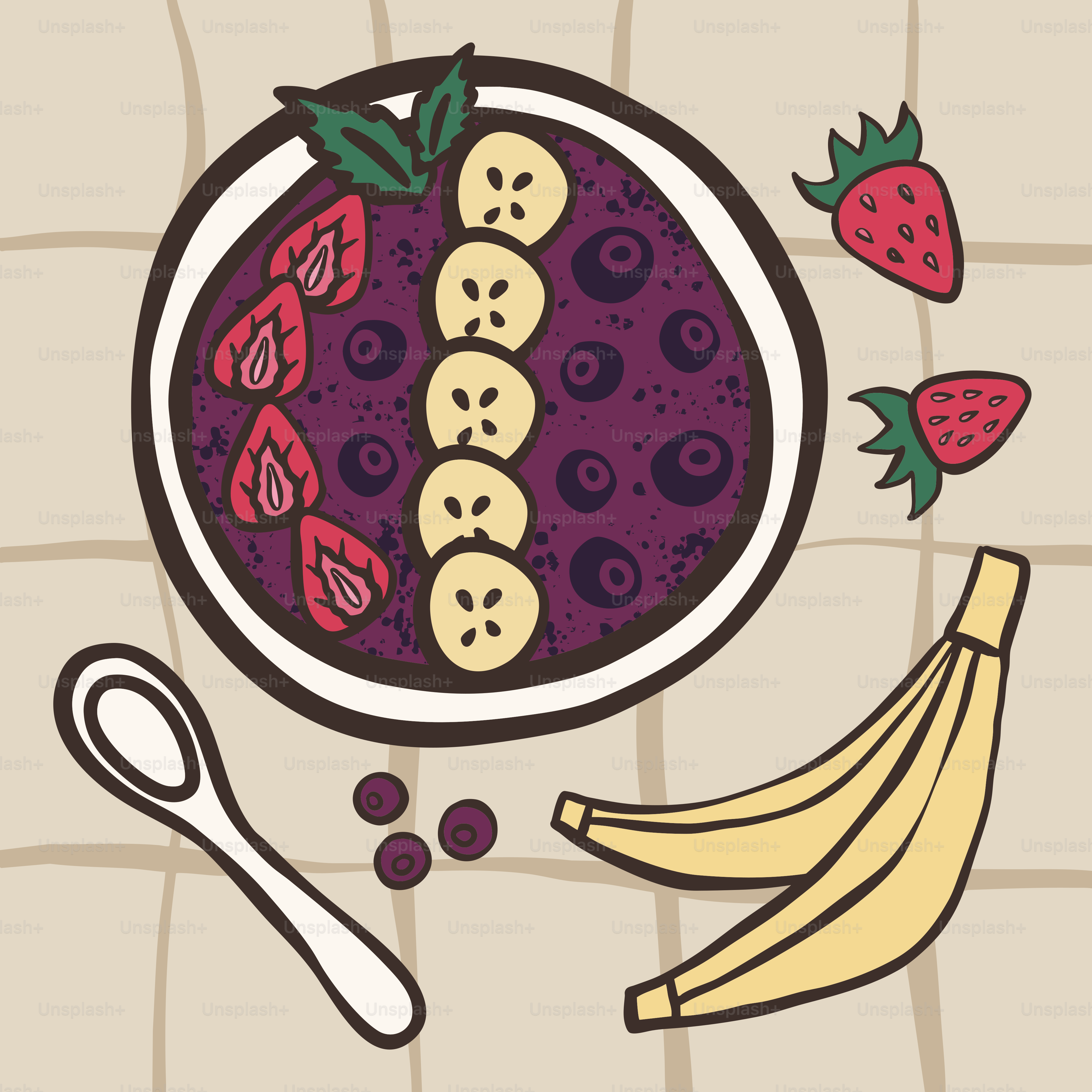 A colorful bowl of acai with fruit and spoon.