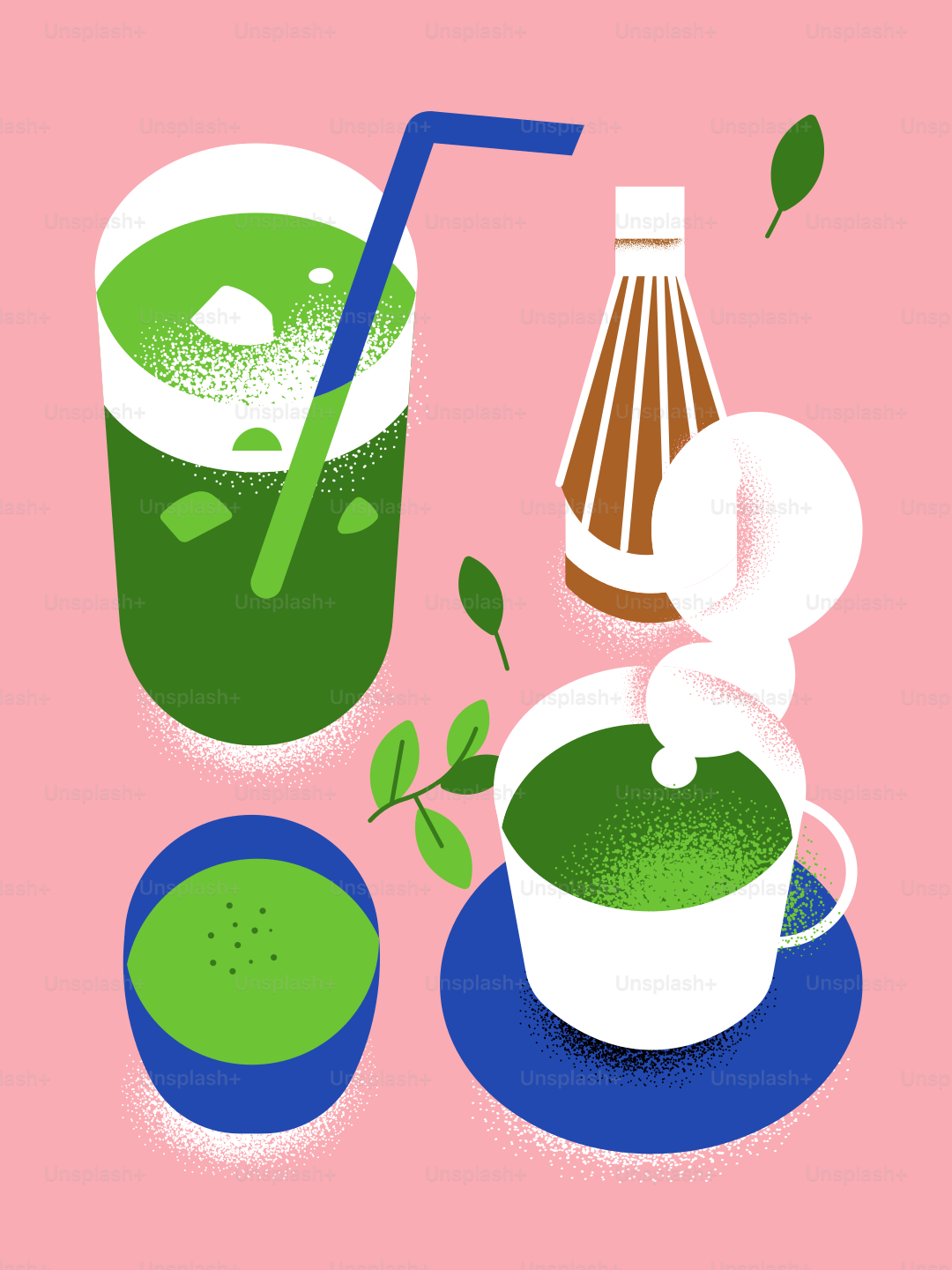 Green tea drinks and leaves on pink background