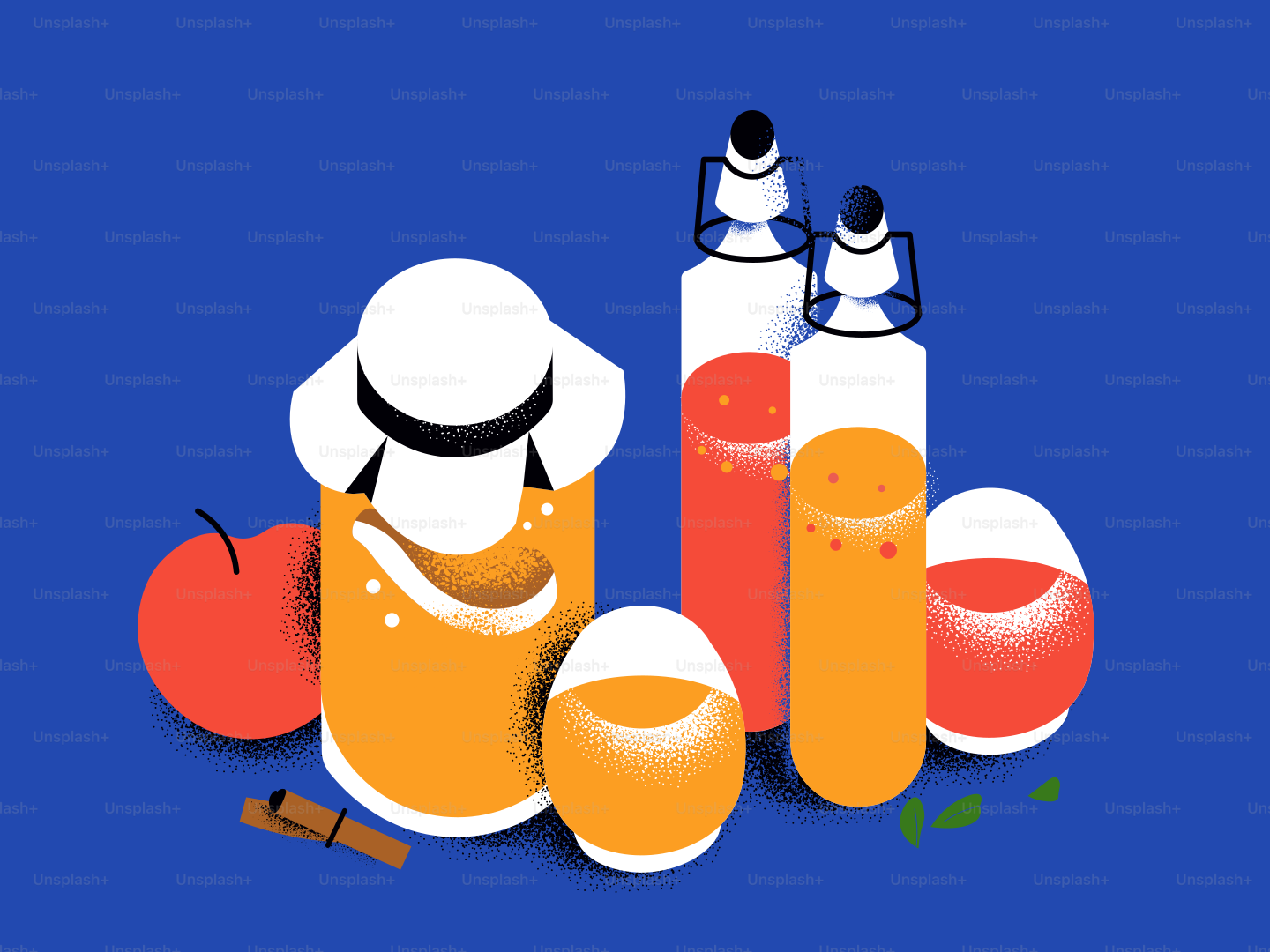 Bottles and jars filled with colorful liquids and fruit