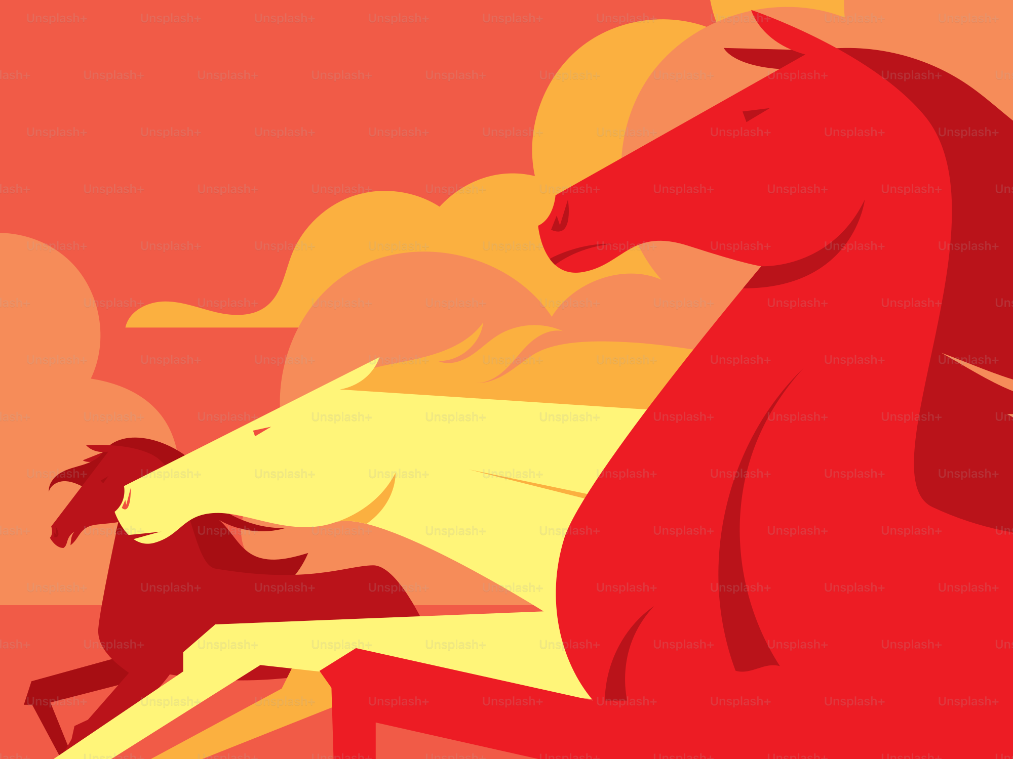 Three stylized horses running with a red background