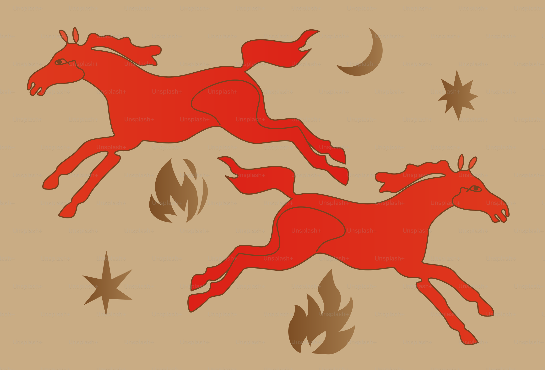 Two red horses running with celestial elements.