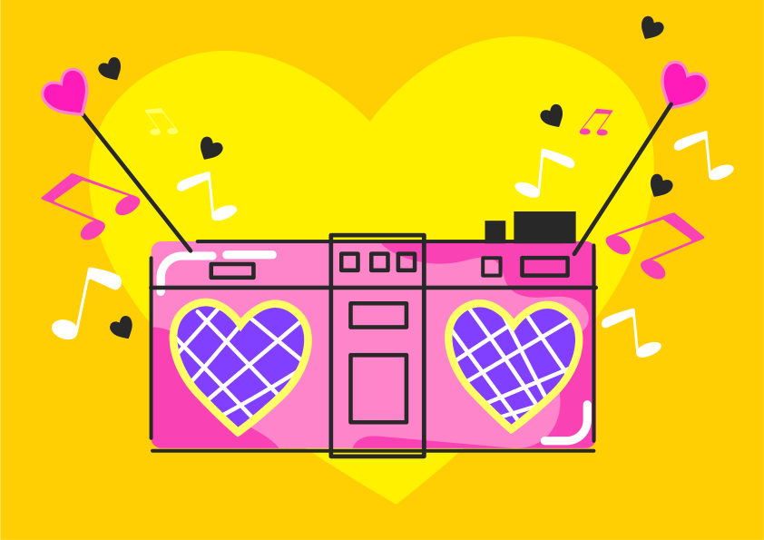 Boombox rosa con cuori e note musicali