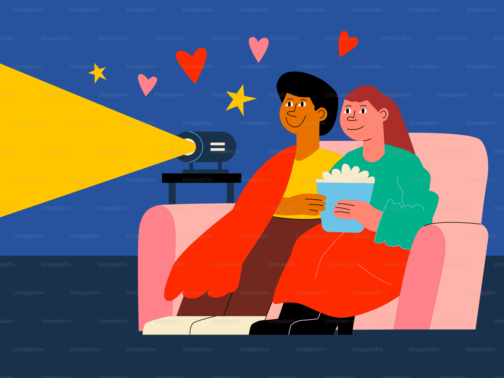 Couple watching movie with popcorn, hearts, and stars.