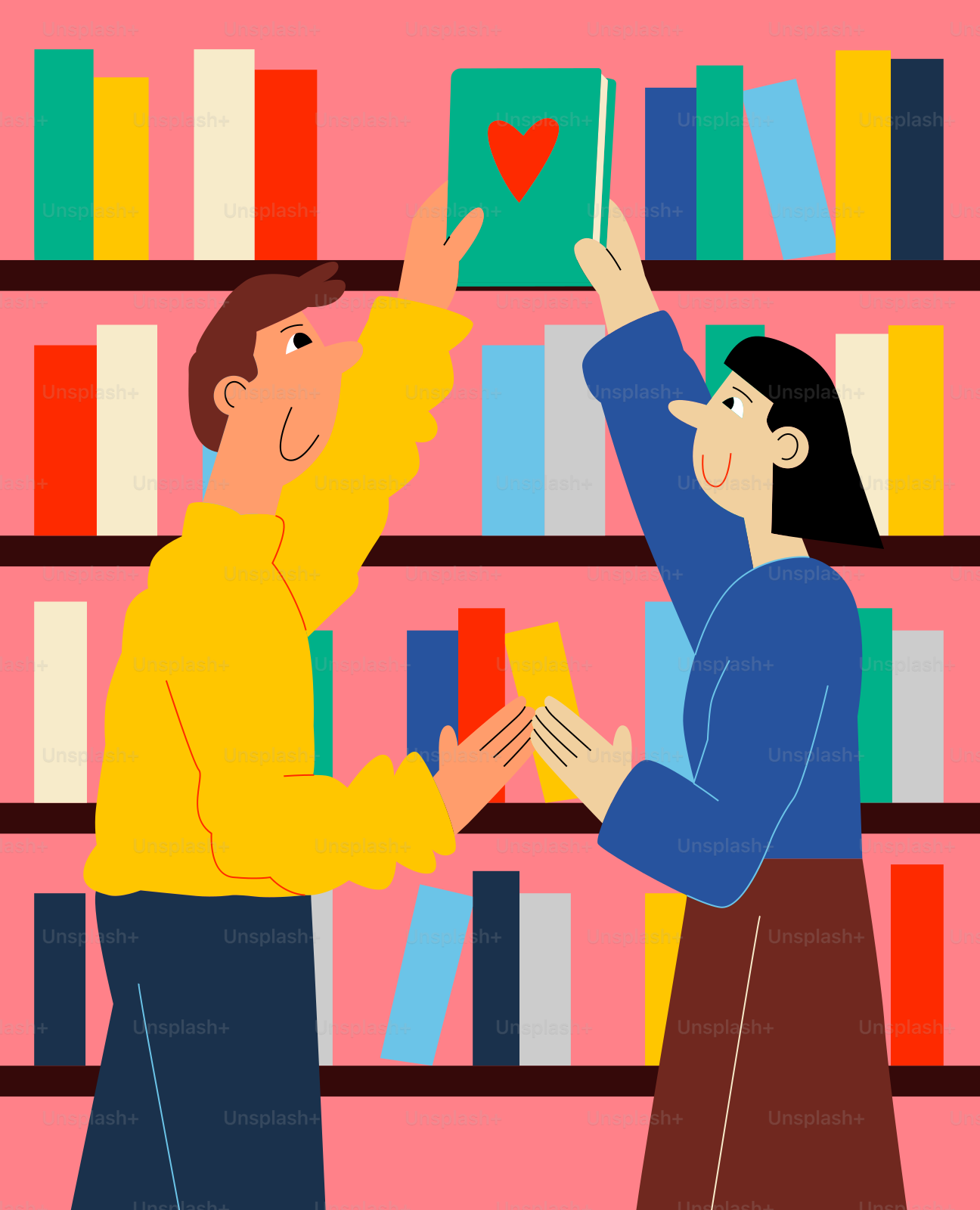 Couple reaching for a book on a shelf.