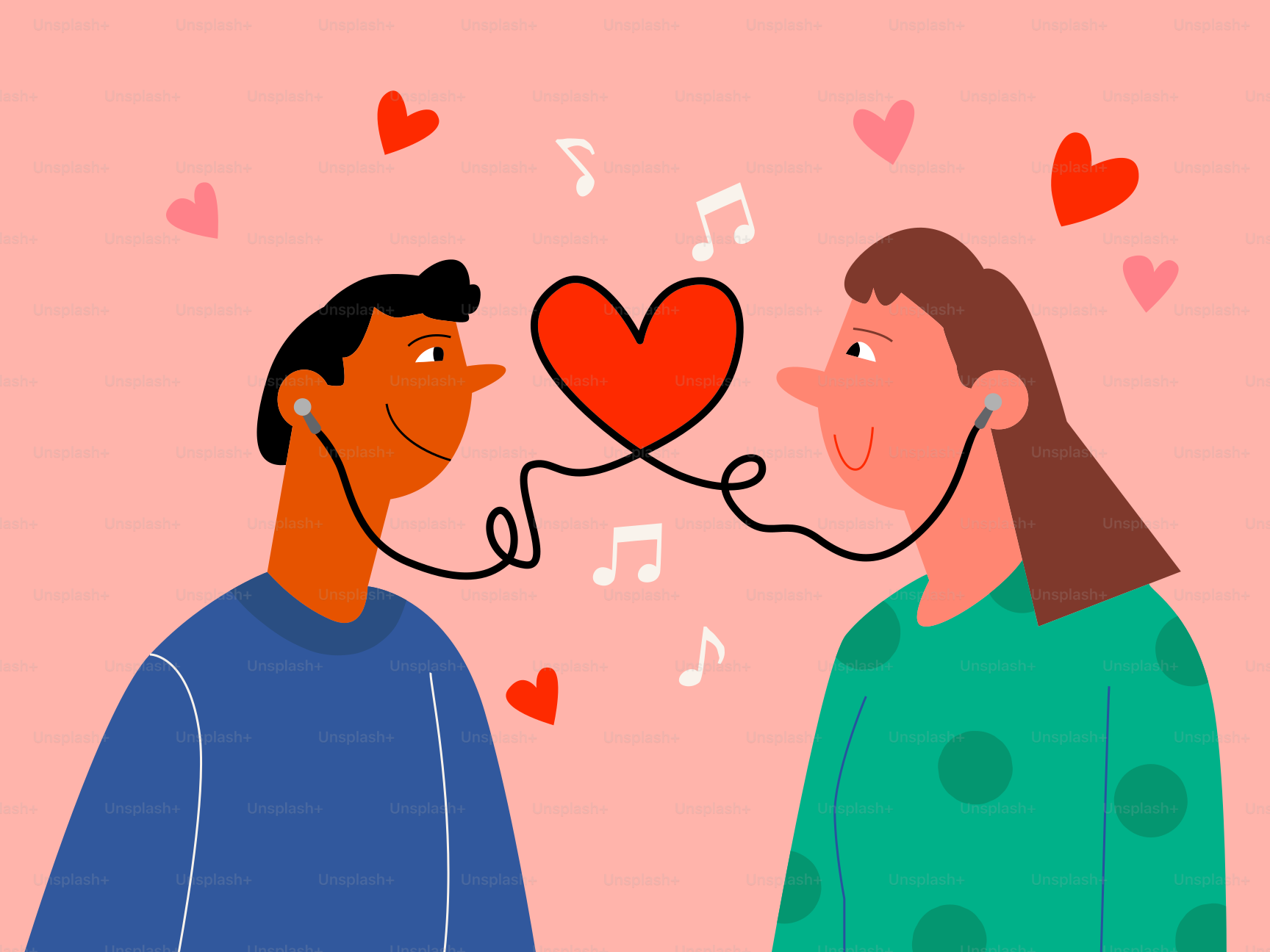 Couple sharing music with a heart connection