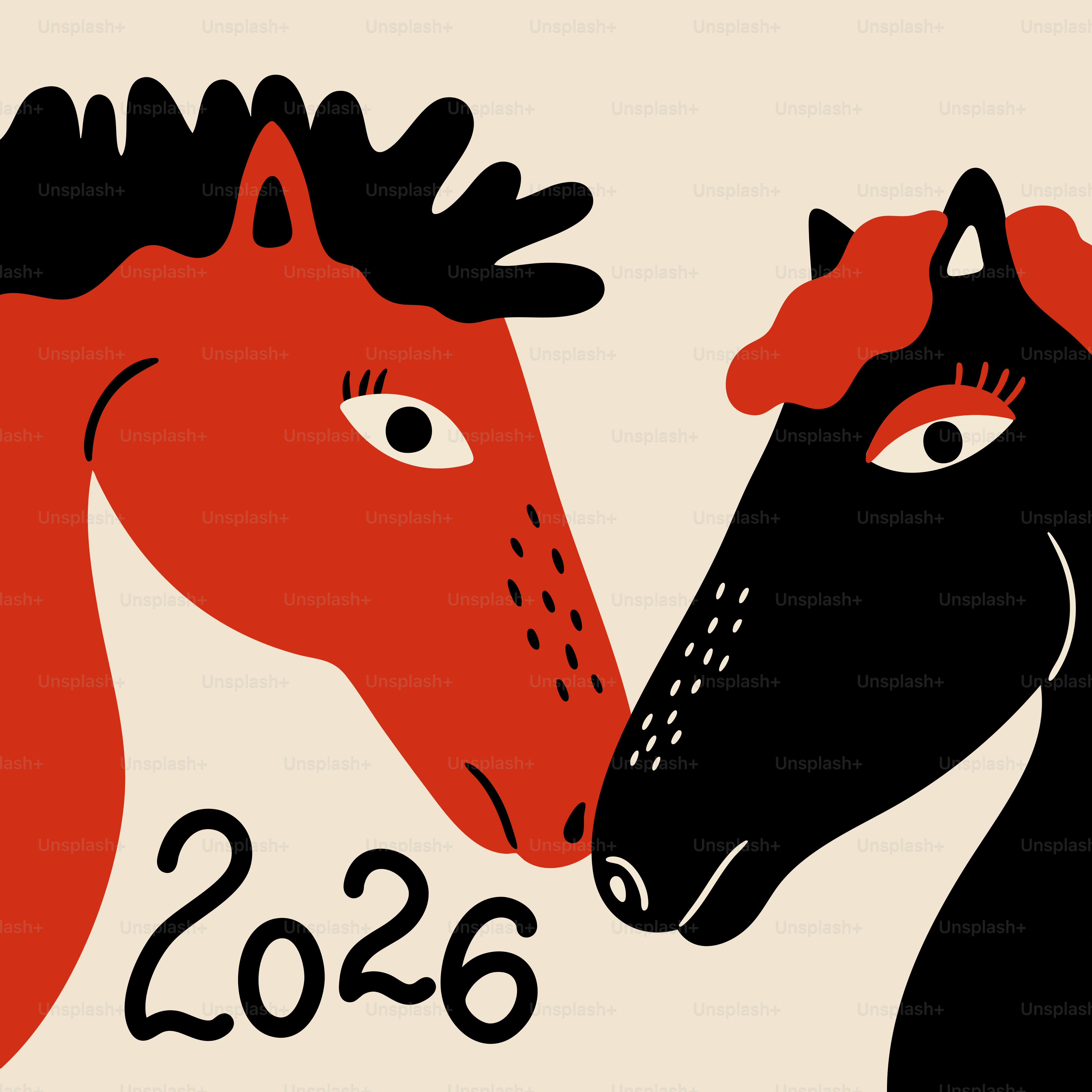 Two stylized horses, one red, one black, with 2026.