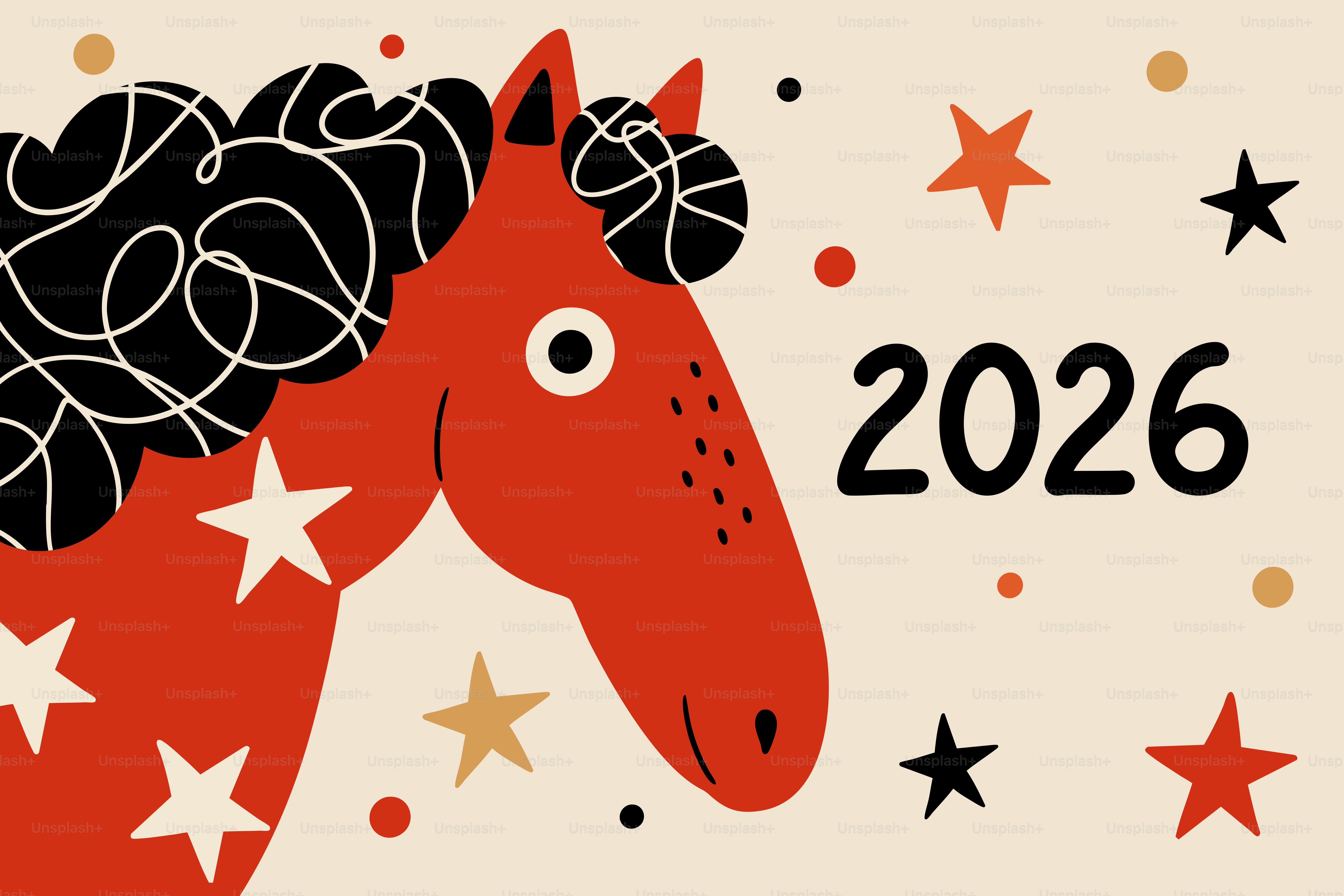 A stylized red horse with stars and the year 2026.