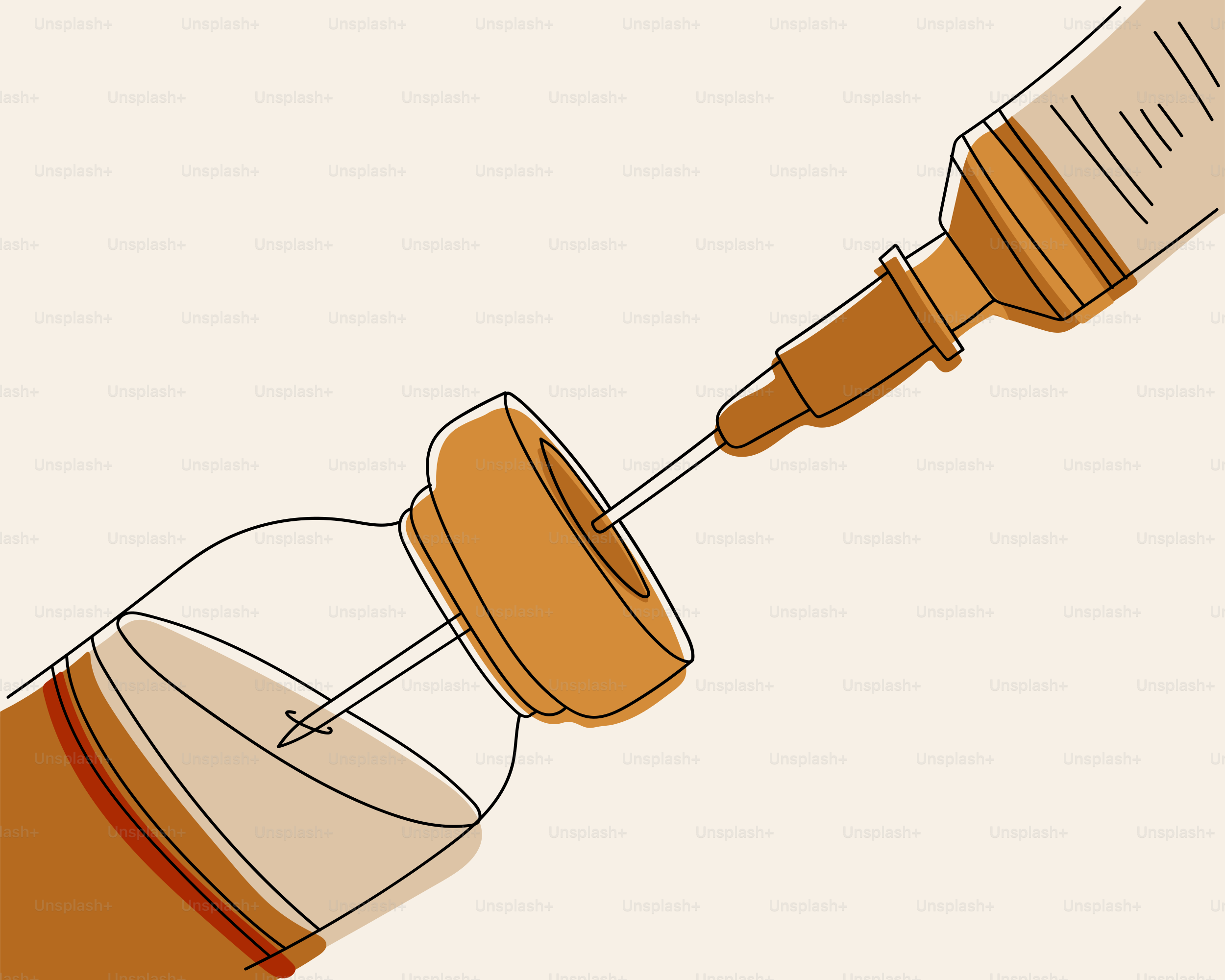 Syringe drawing liquid from a bottle.