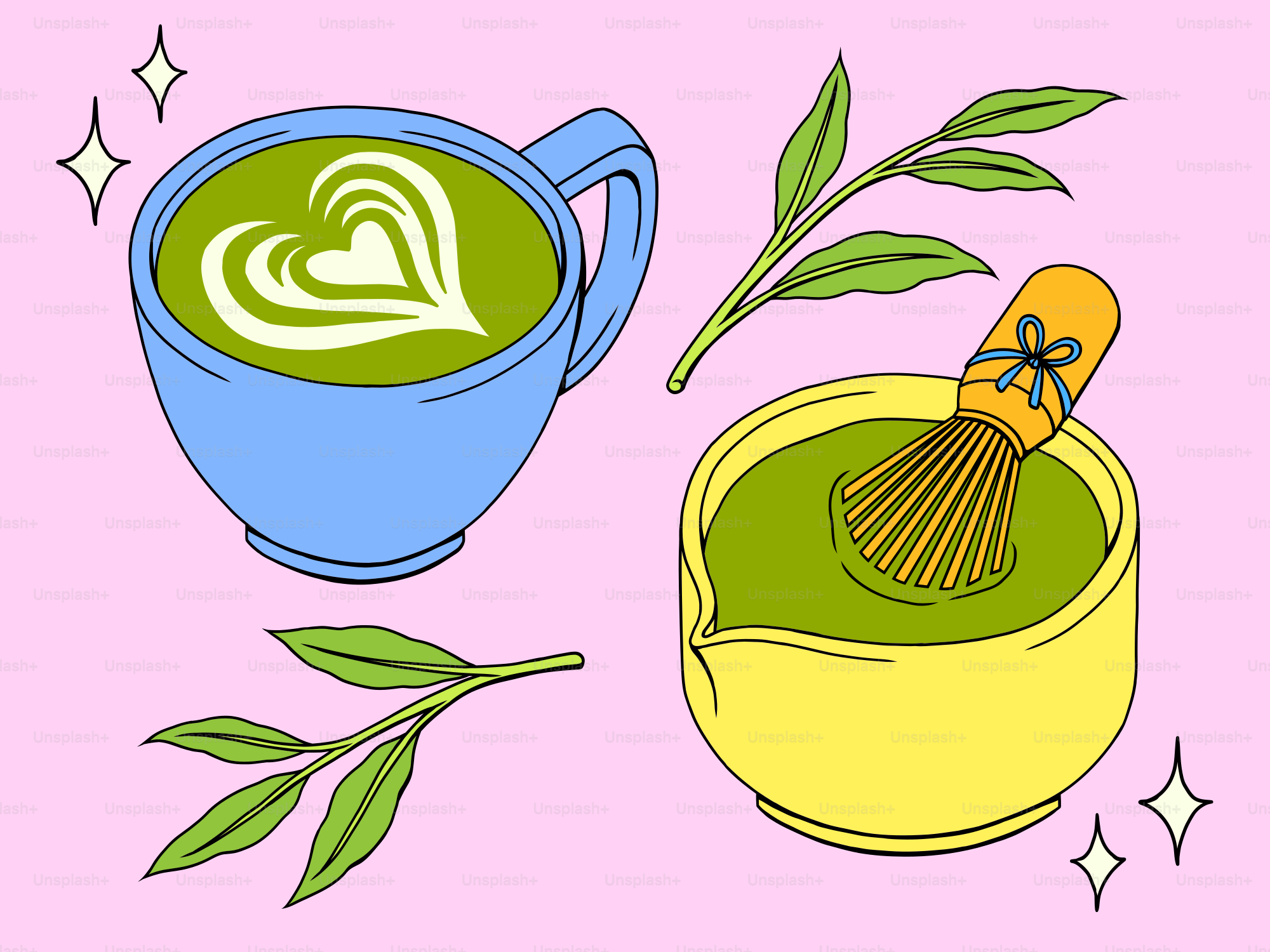 Matcha tea set with latte art and leaves