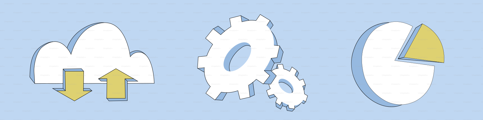 Cloud-Upload, Zahnräder und Tortendiagramm-Symbole