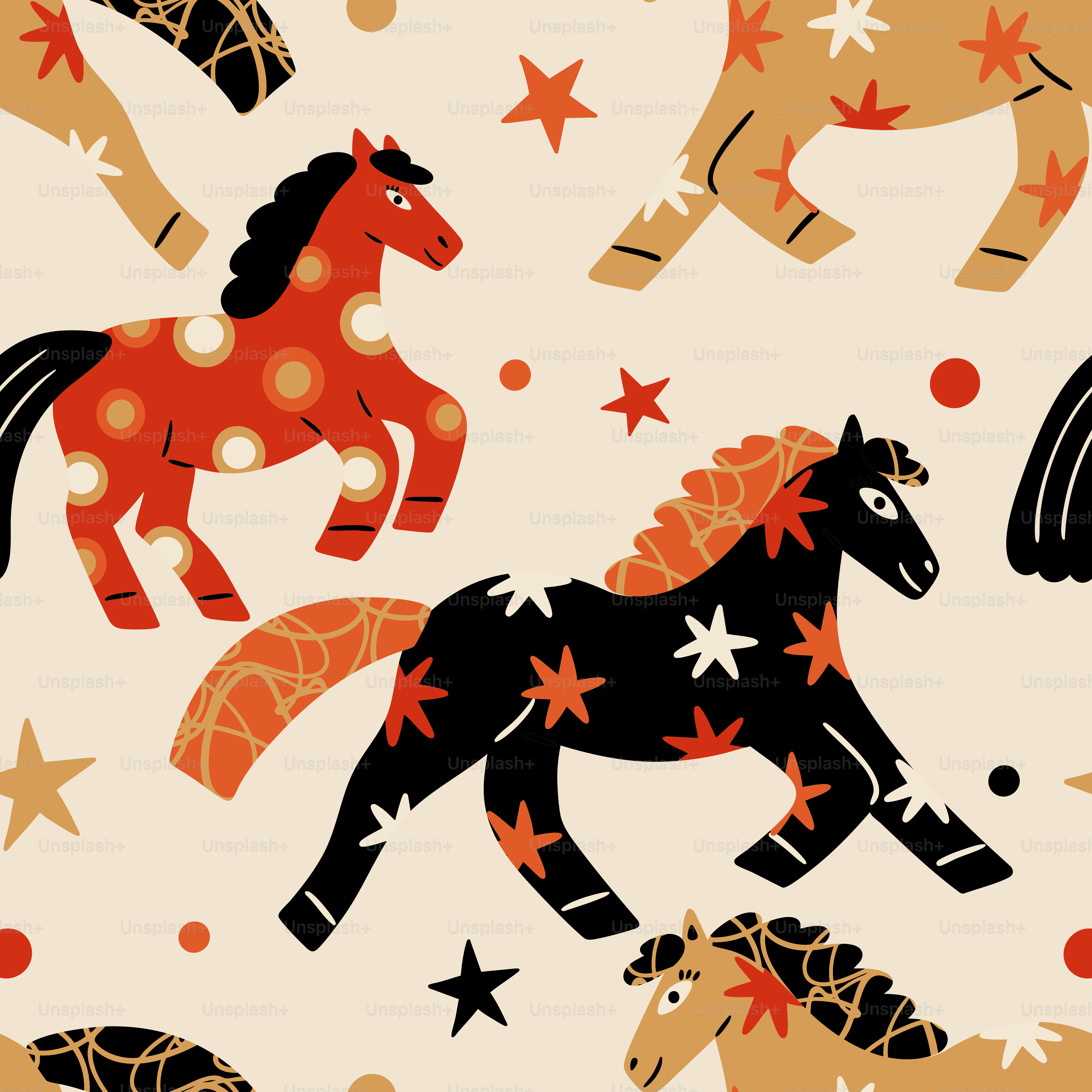 Pattern of stylized horses and stars on cream background