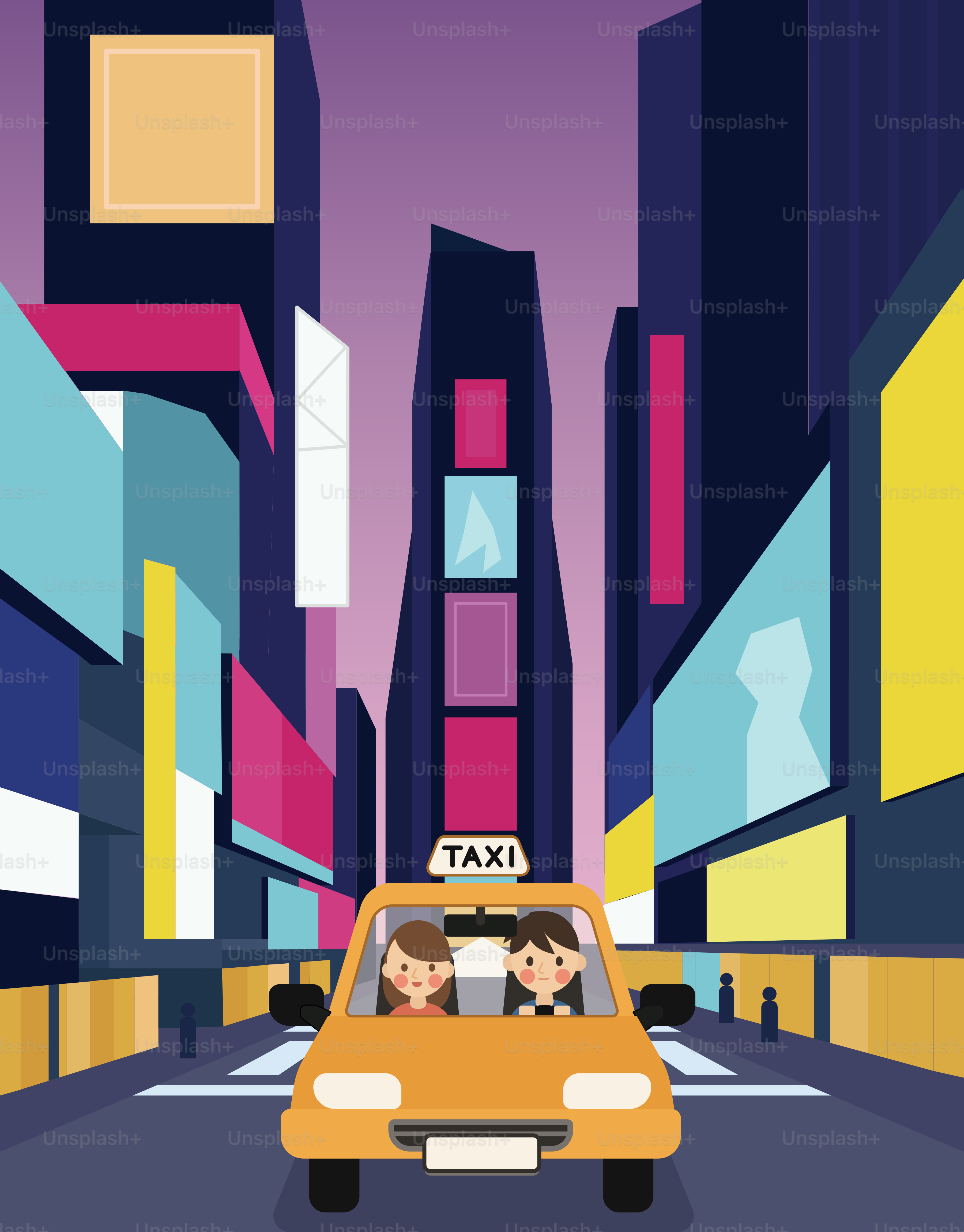 Two women in a yellow taxi on a city street.