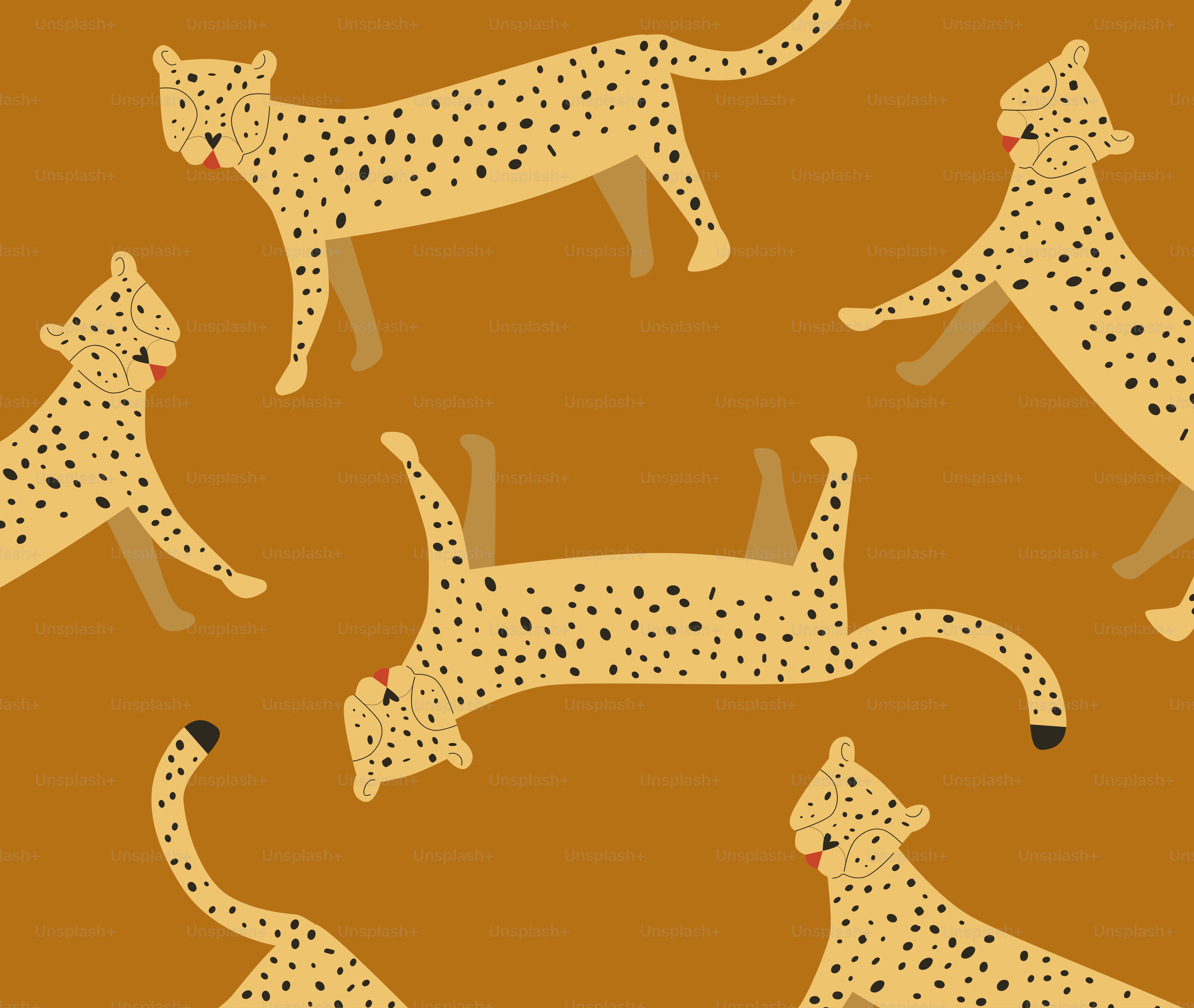 Mehrere Cartoon-Geparden lagen auf braunem Hintergrund verstreut.