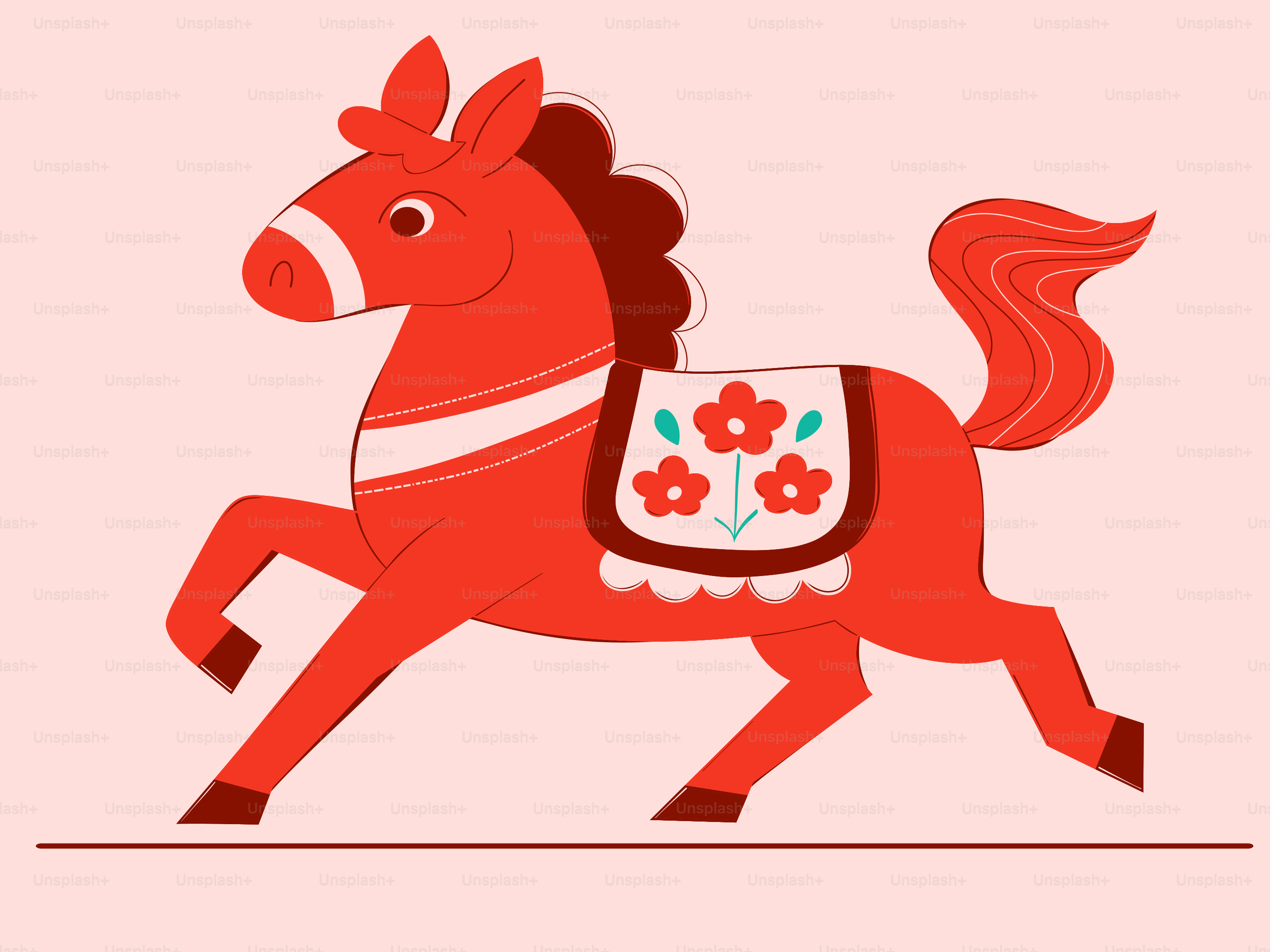 A red toy horse with a floral saddle.