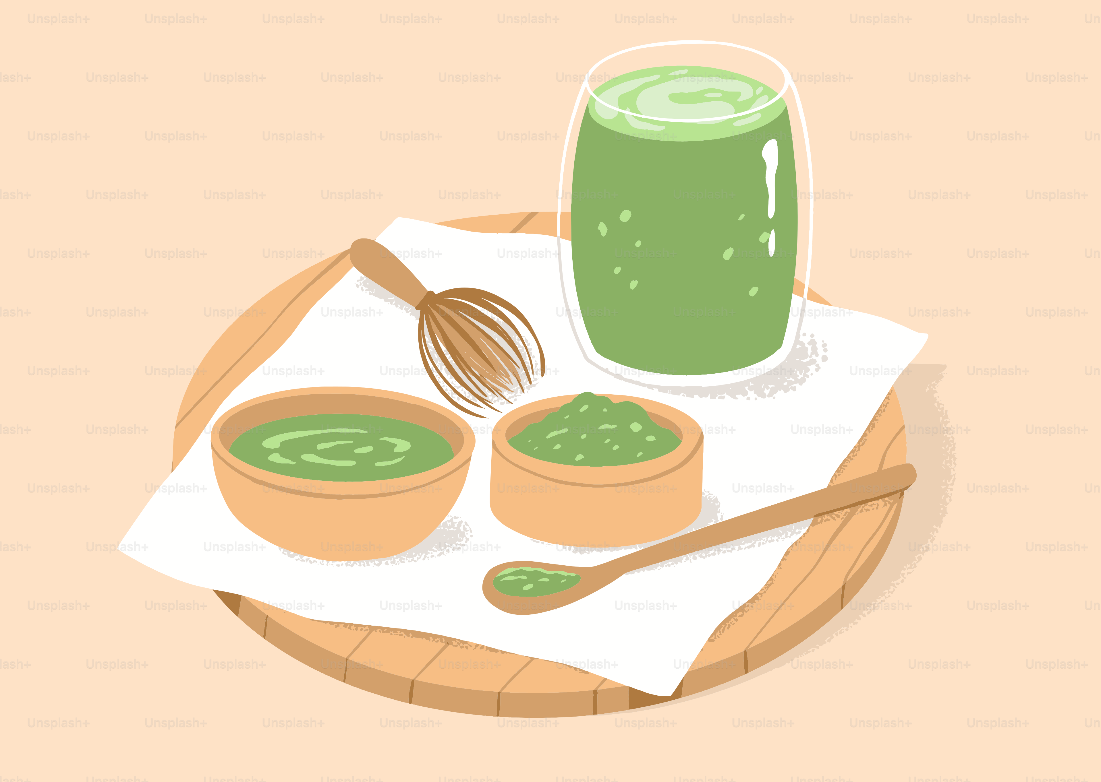 Matcha tea ingredients and preparation tools