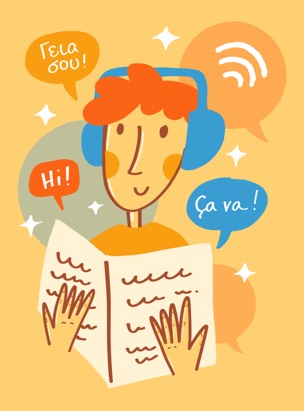 ヘッドホンをつけて読み出しに囲まれている人。