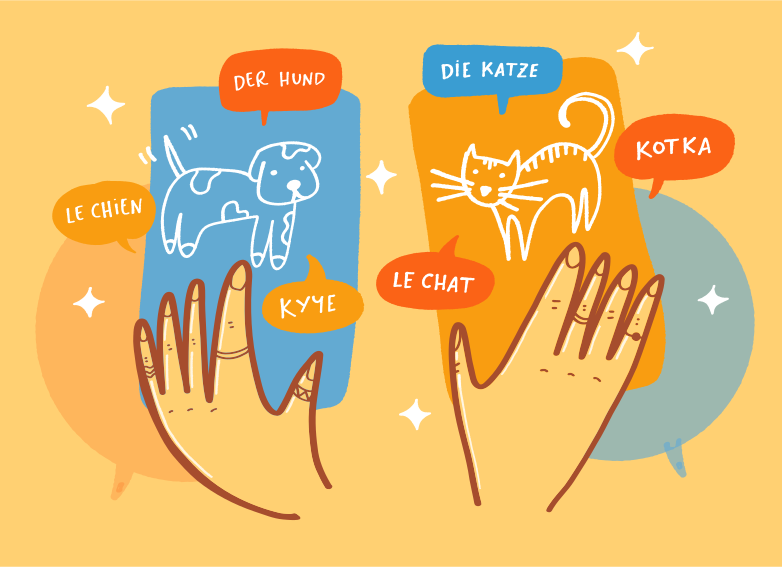 Des mains montrant chien et chat dans différentes langues