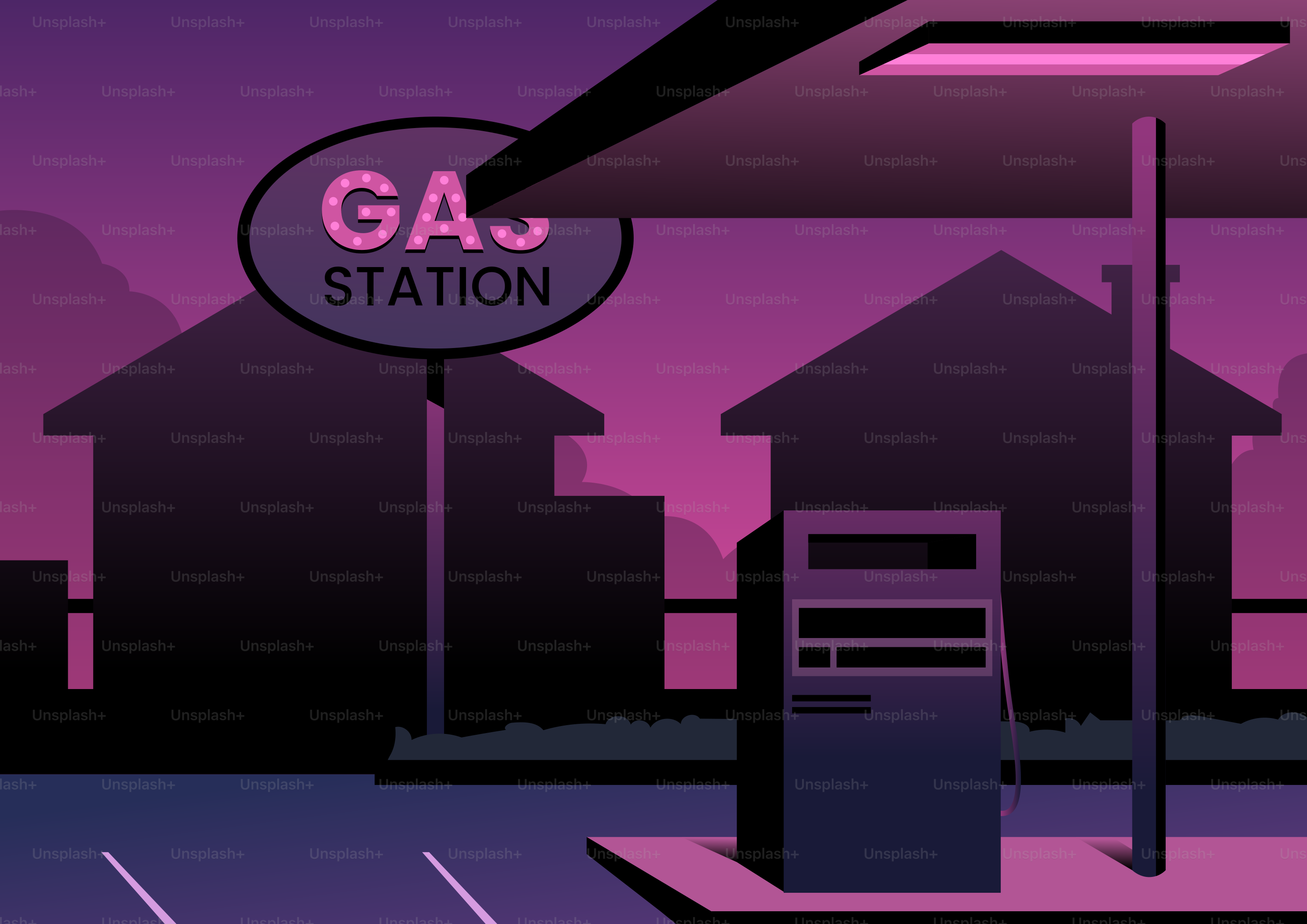 Gas station at dusk with purple sky.