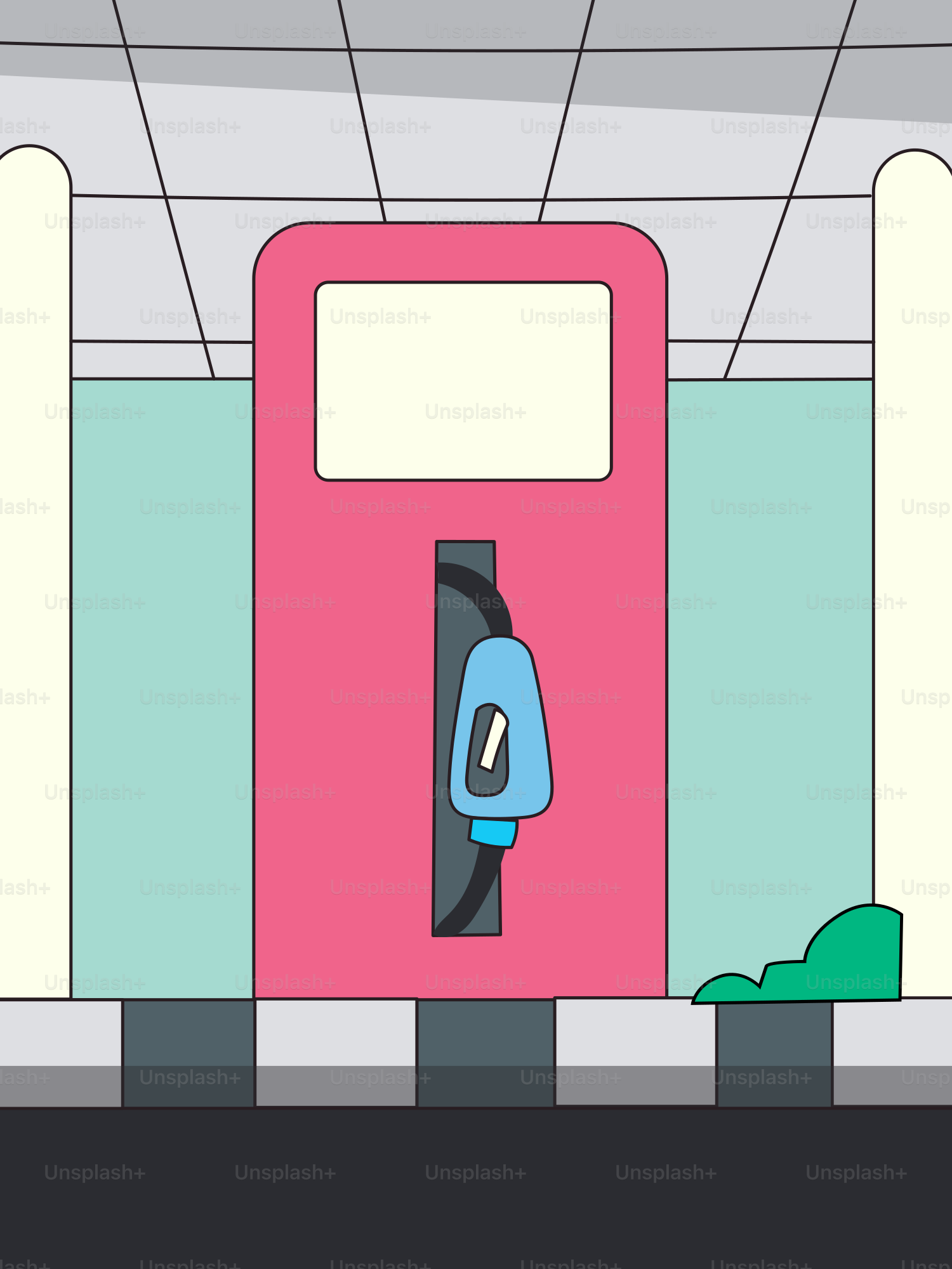 A pink gas pump with a blue nozzle.