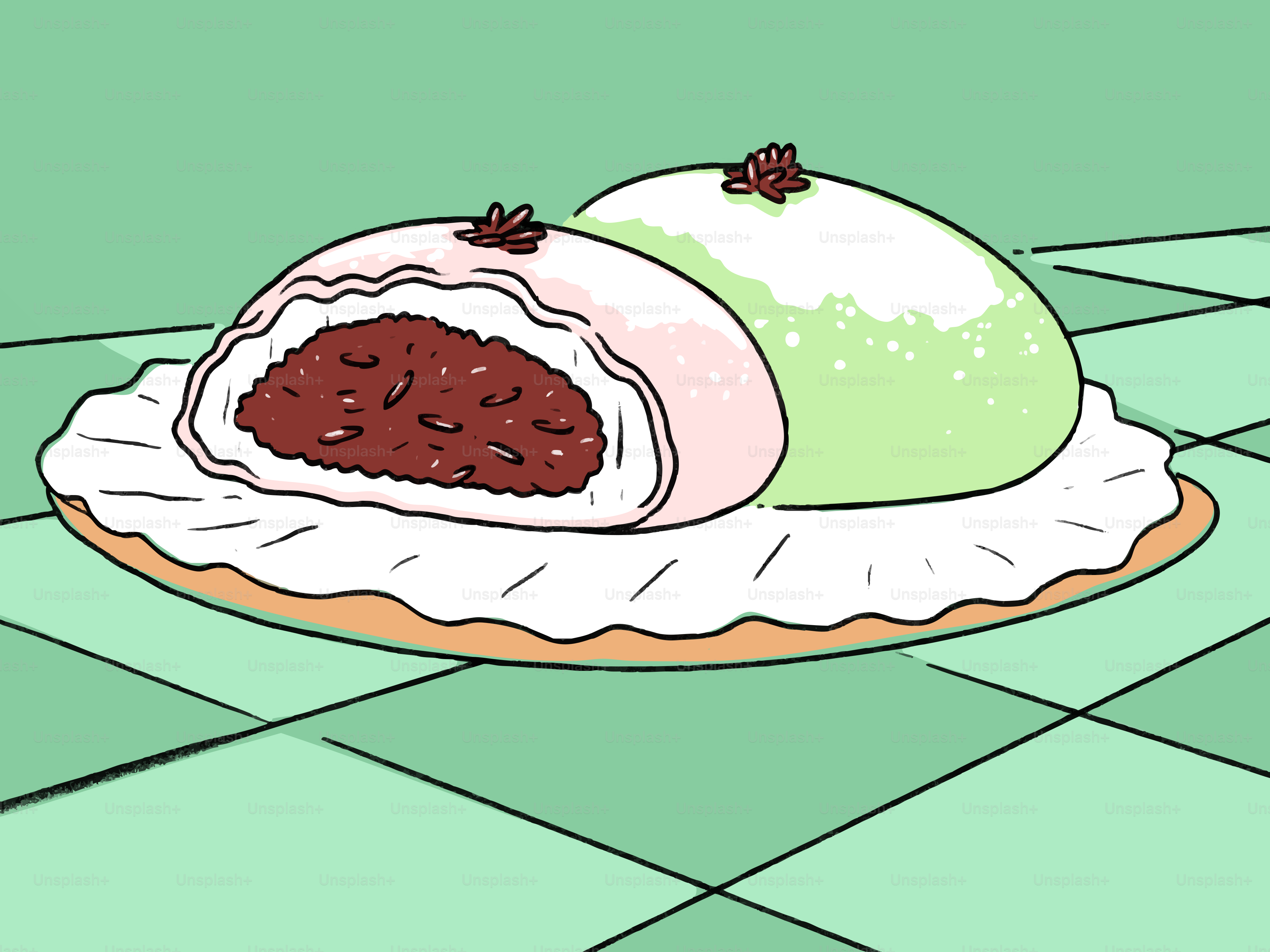 Two mochi desserts on a plate